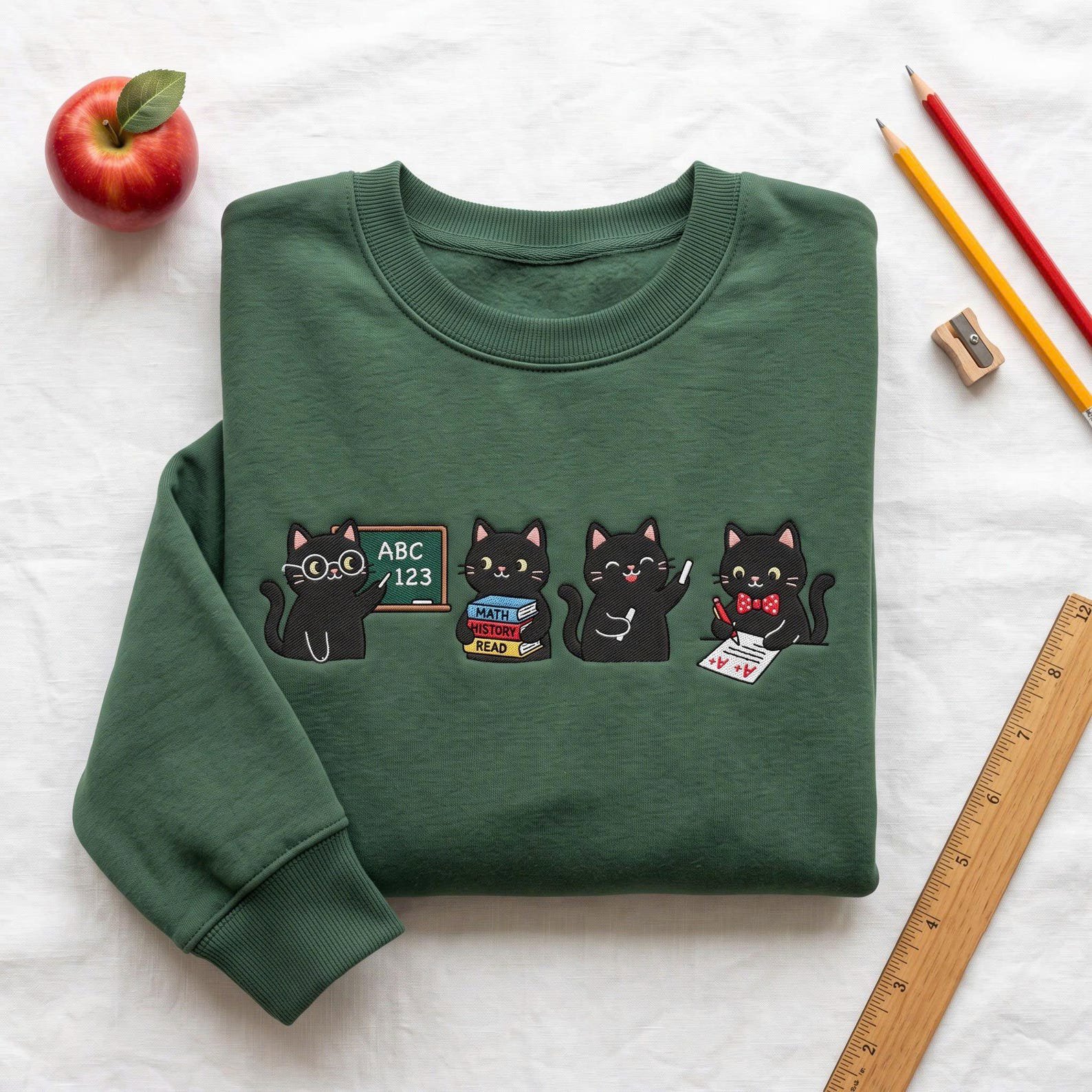 Black Cat Teacher Embroidered Sweatshirt, Cute Classroom Crewneck, Back to School Apparel, Educator Appreciation Gift 1