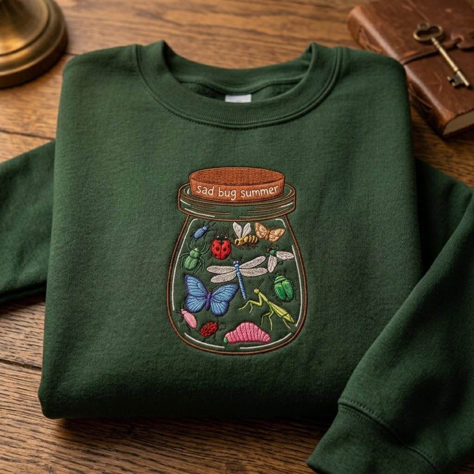 Sad Bug Summer Embroidered Crewneck, Cute Insect Jar Nature Sweatshirt 3