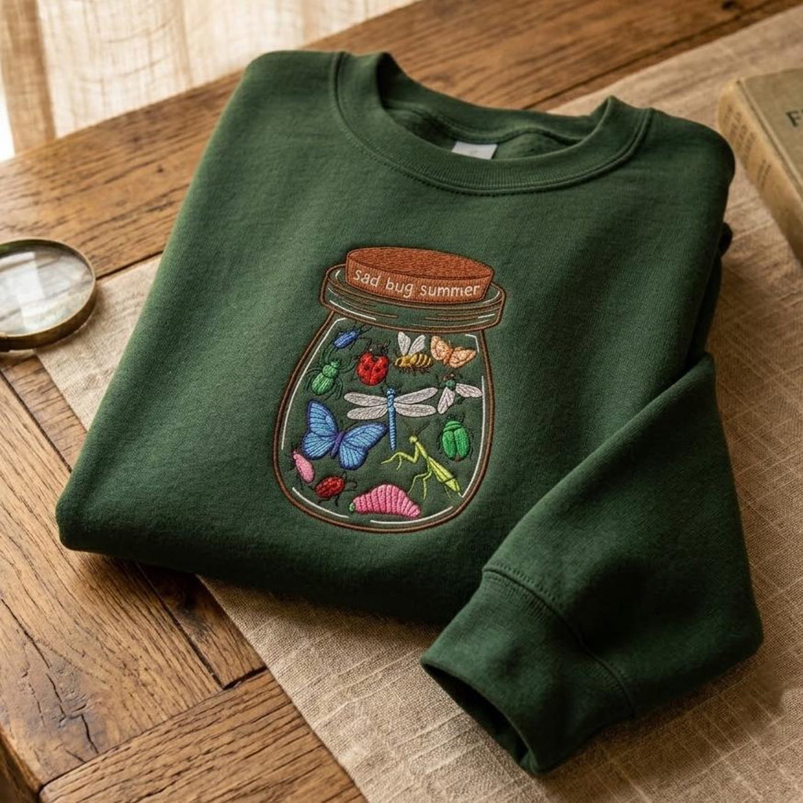 Sad Bug Summer Embroidered Crewneck, Cute Insect Jar Nature Sweatshirt 2