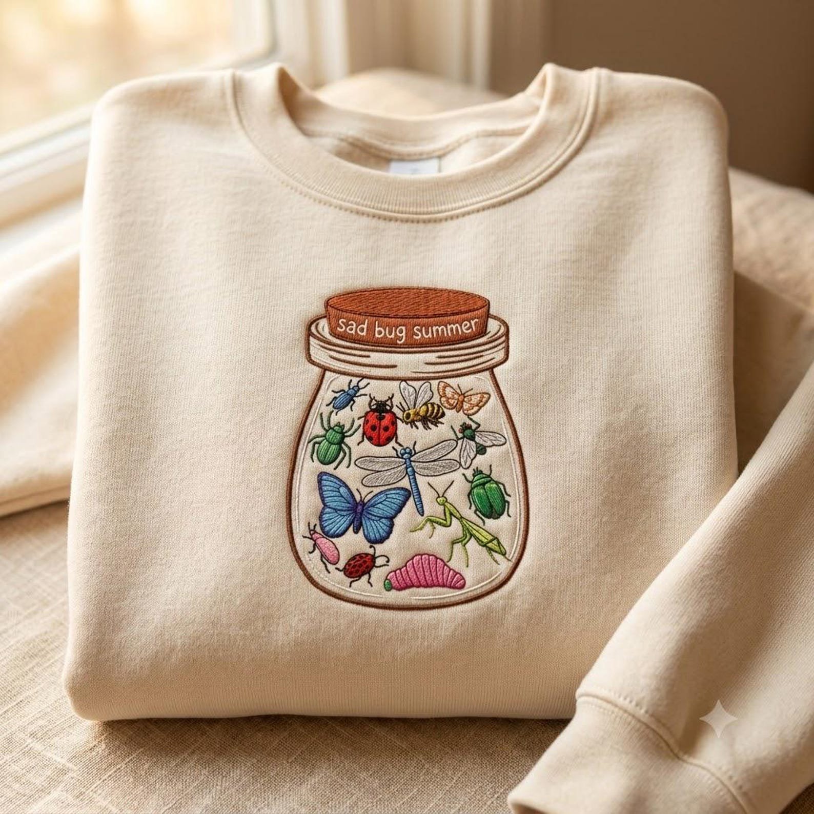 Sad Bug Summer Embroidered Crewneck, Cute Insect Jar Nature Sweatshirt 1