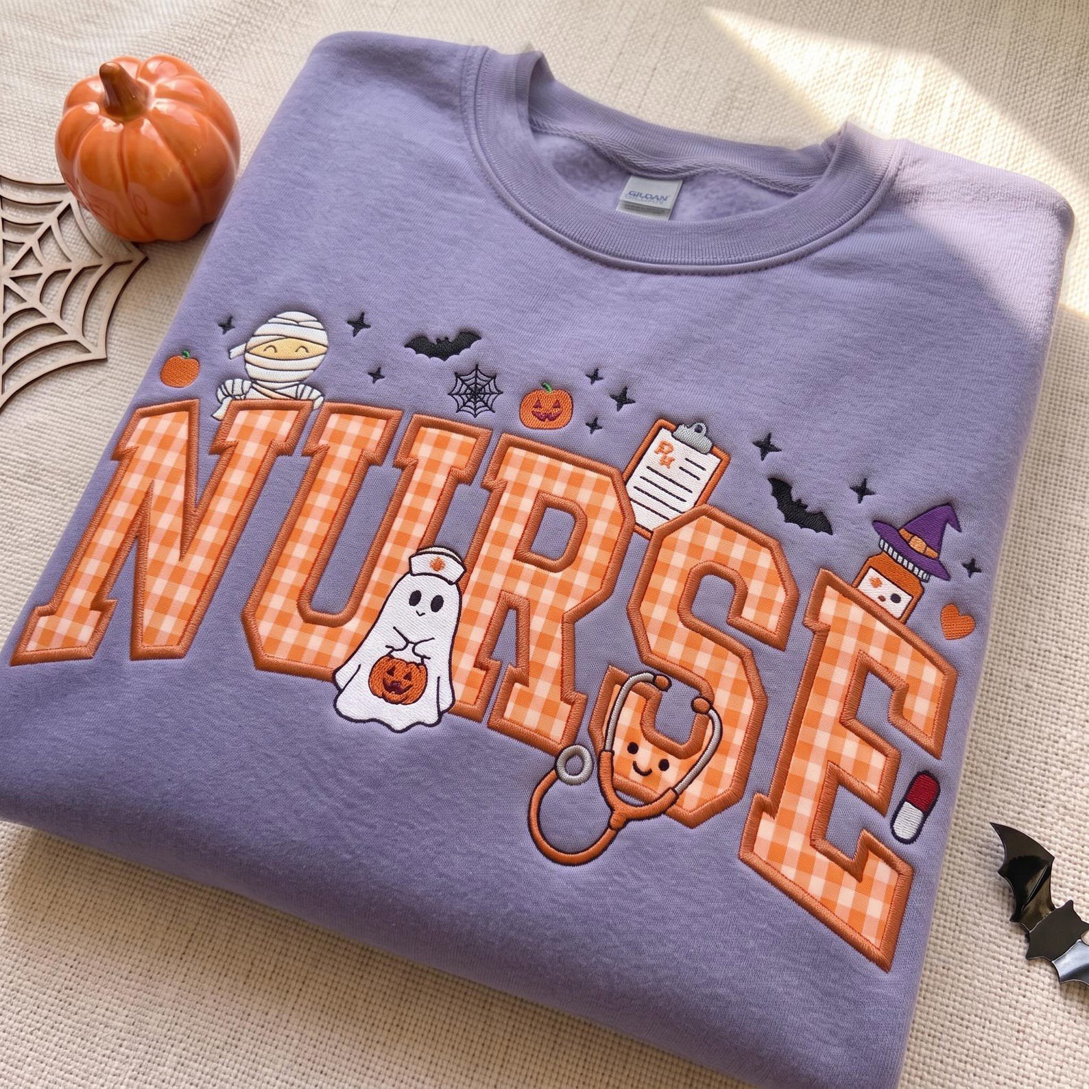 Embroidered Halloween Nurse Applique Sweatshirt, Gingham Spooky Ghost Medical Shirt, Cozy Fall Spooky Hospital Pullover, RN Nurse Gift 3