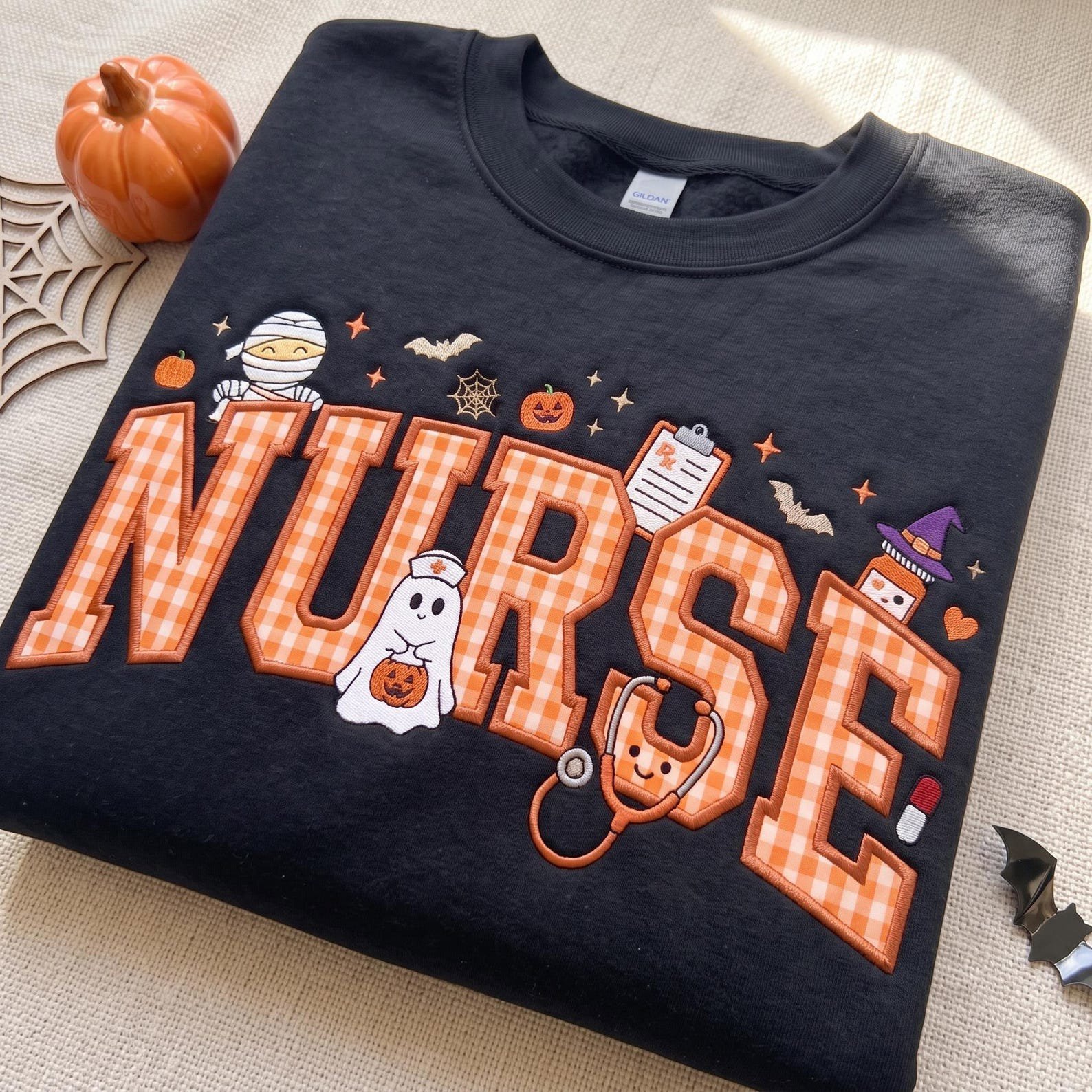 Embroidered Halloween Nurse Applique Sweatshirt, Gingham Spooky Ghost Medical Shirt, Cozy Fall Spooky Hospital Pullover, RN Nurse Gift 5
