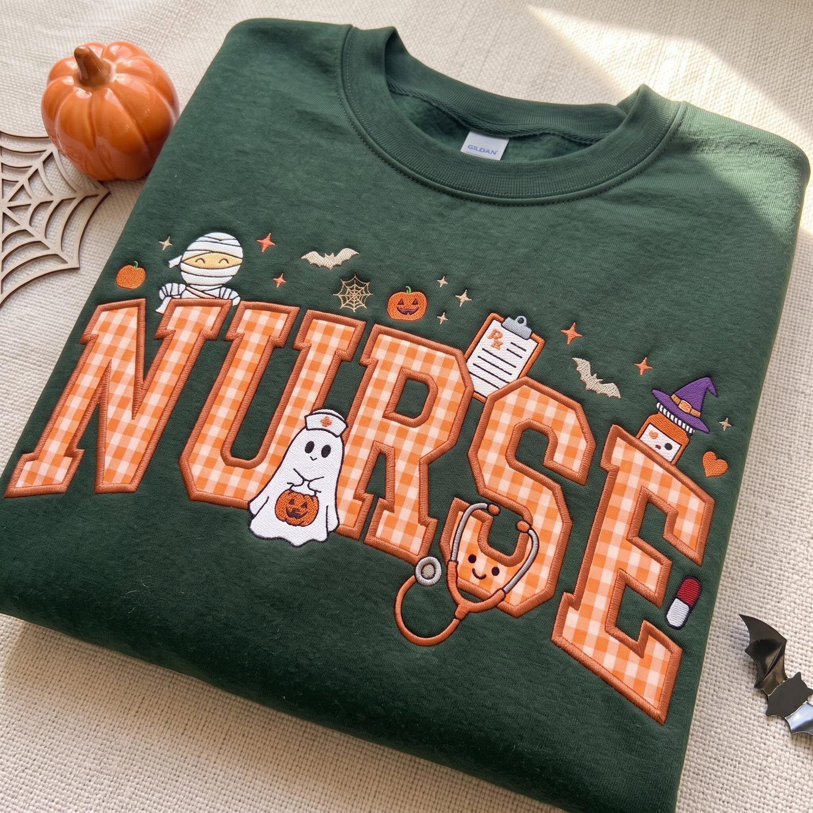 Embroidered Halloween Nurse Applique Sweatshirt, Gingham Spooky Ghost Medical Shirt, Cozy Fall Spooky Hospital Pullover, RN Nurse Gift 4