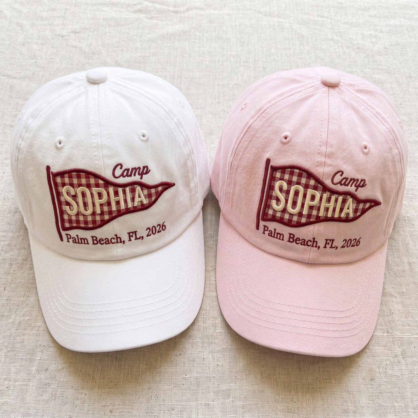 Custom Bachelorette Pennant Camp Hat, Summer Camp Gift, Custom Name Pennant Cap, Bachelorette Camp Cap, Summer Vacation Cap 3