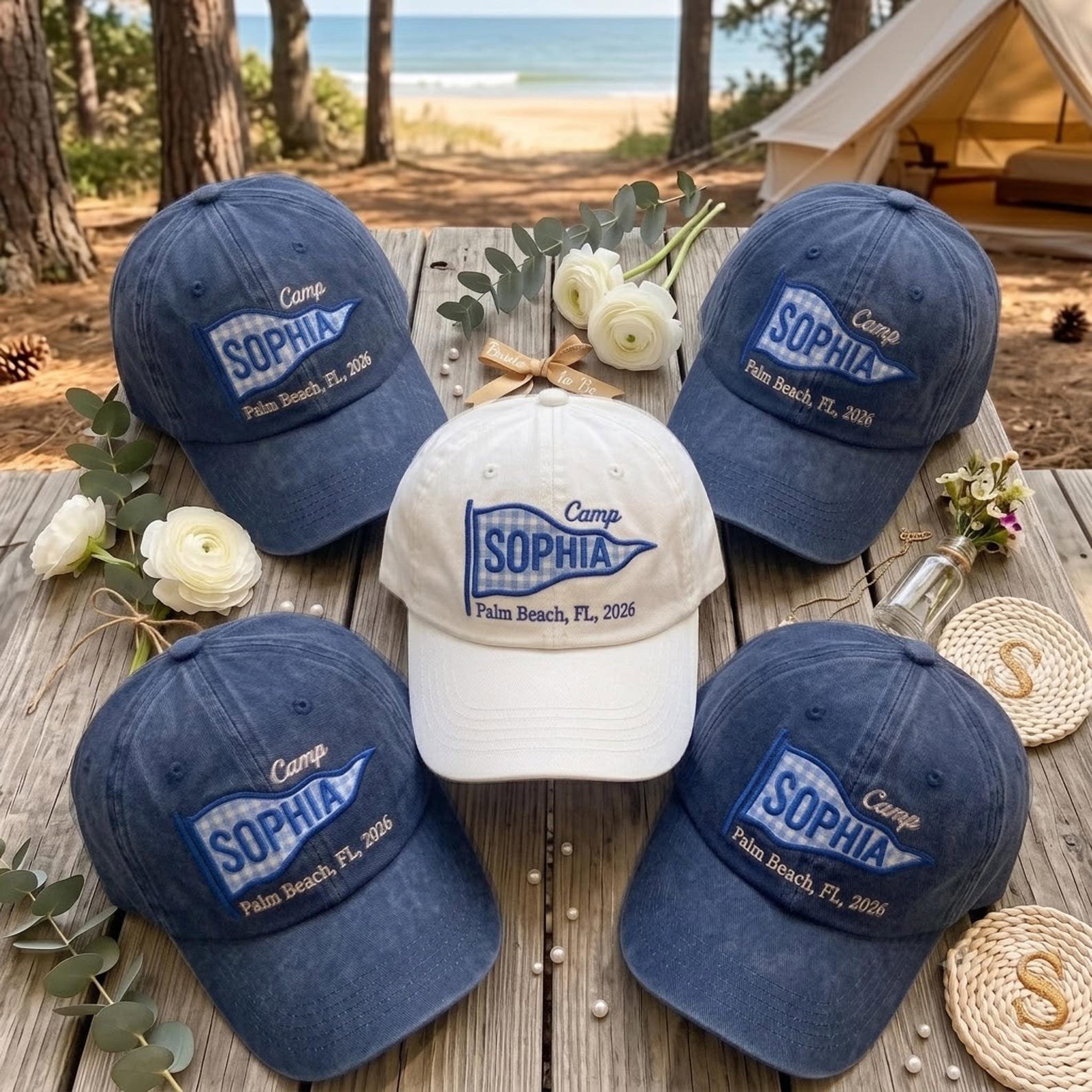 Custom Bachelorette Pennant Camp Hat, Summer Camp Gift, Custom Name Pennant Cap, Bachelorette Camp Cap, Summer Vacation Cap 1