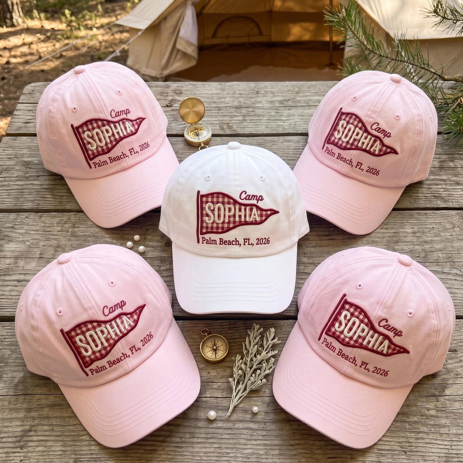 Custom Bachelorette Pennant Camp Hat, Summer Camp Gift, Custom Name Pennant Cap, Bachelorette Camp Cap, Summer Vacation Cap 2