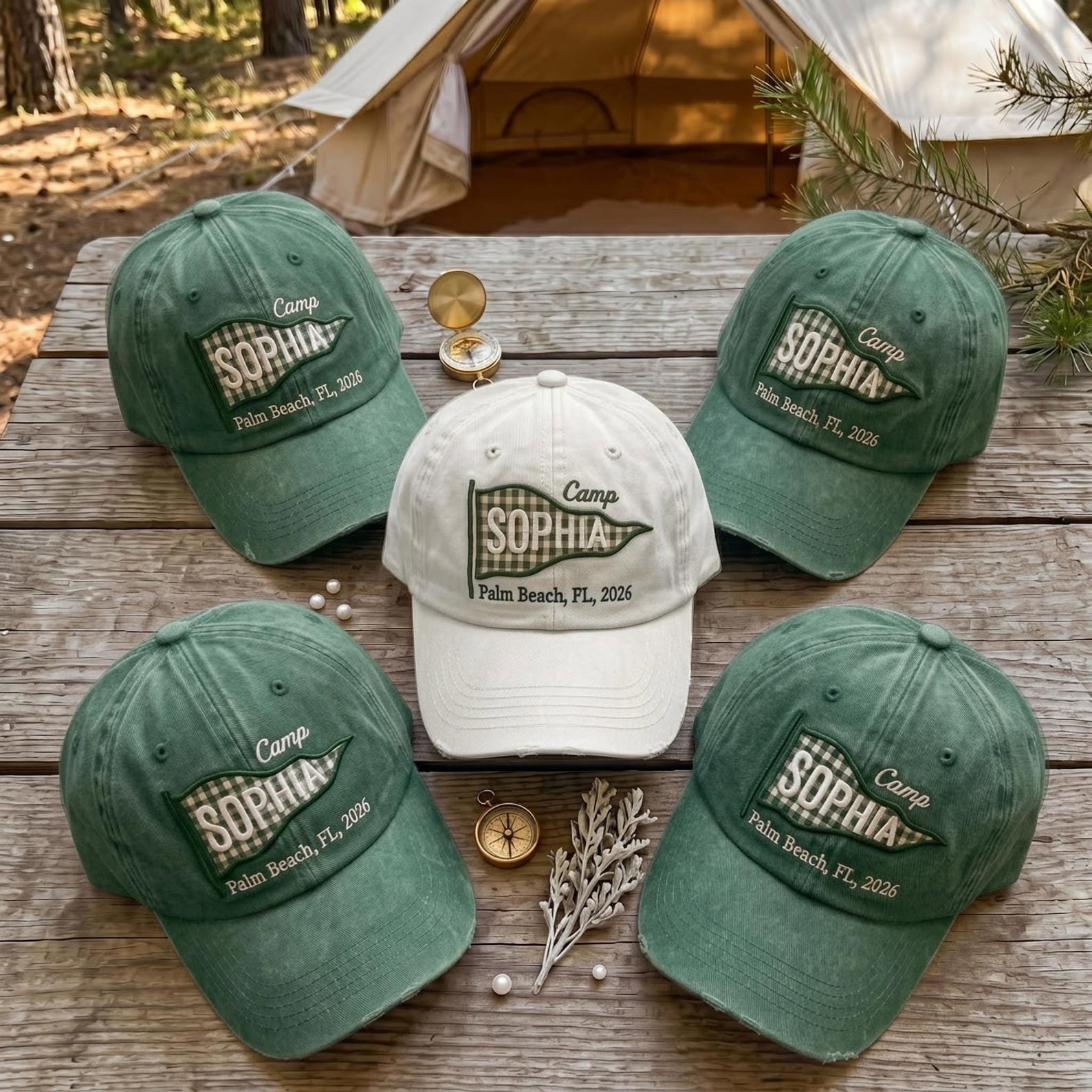 Custom Bachelorette Pennant Camp Hat, Summer Camp Gift, Custom Name Pennant Cap, Bachelorette Camp Cap, Summer Vacation Cap 4
