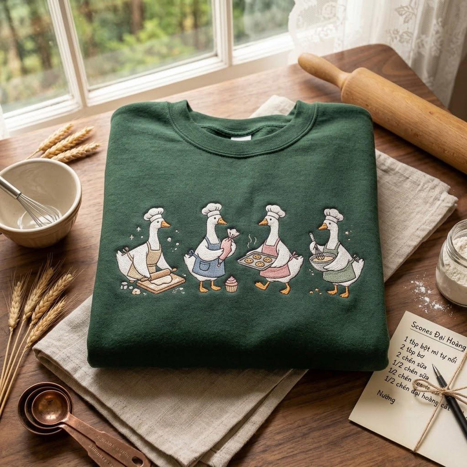 Cute Baker Goose Embroidered Sweatshirt, Chef Geese Baking Crewneck, Cozy Kitchen Apparel, Funny Bakery Gift Idea for Bakers and Pastry Love 2
