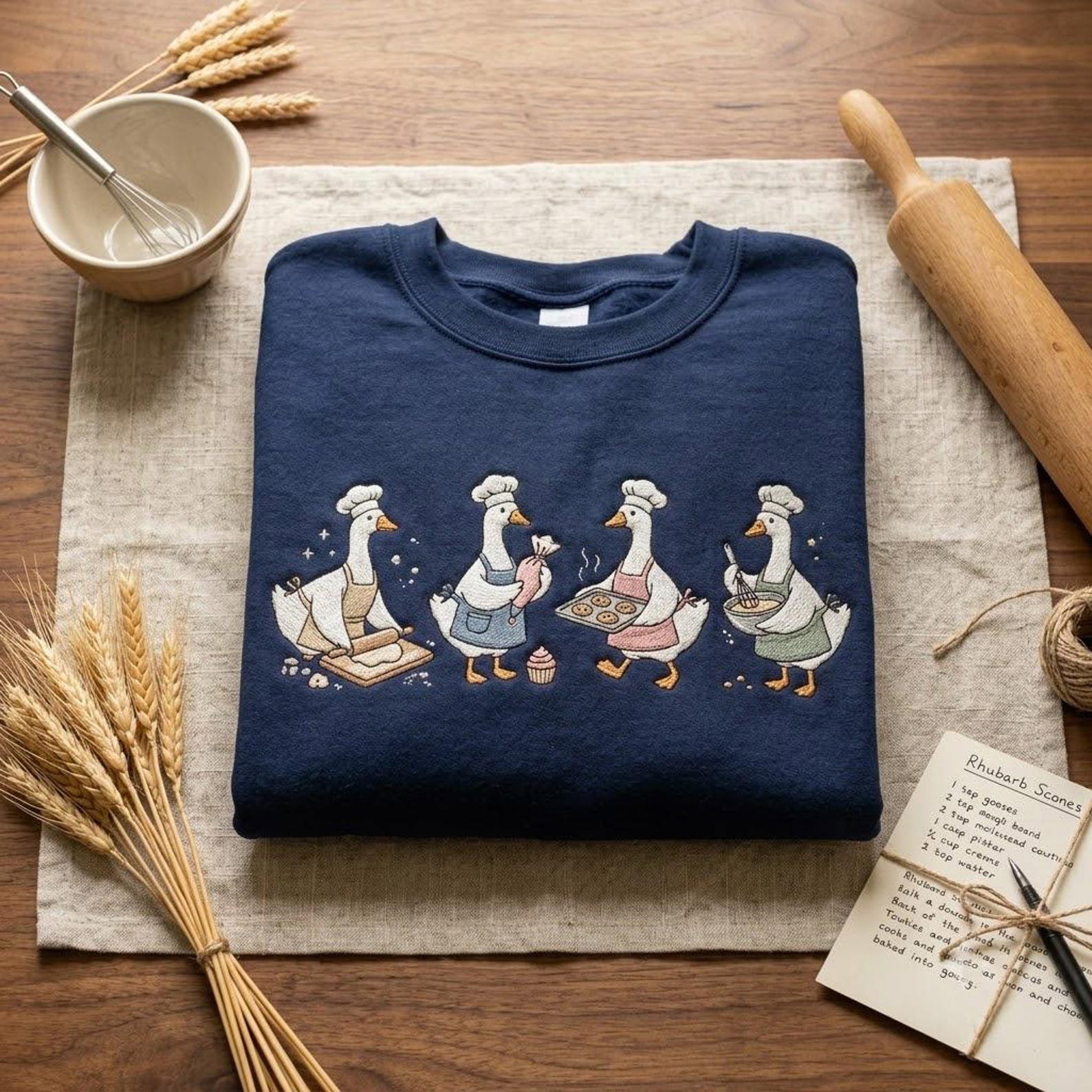 Cute Baker Goose Embroidered Sweatshirt, Chef Geese Baking Crewneck, Cozy Kitchen Apparel, Funny Bakery Gift Idea for Bakers and Pastry Love 1
