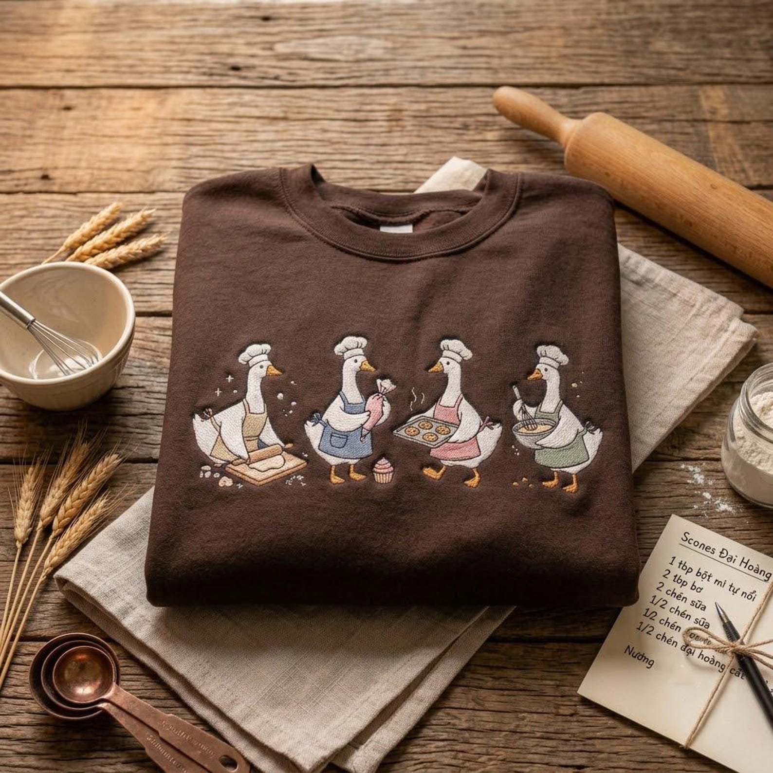 Cute Baker Goose Embroidered Sweatshirt, Chef Geese Baking Crewneck, Cozy Kitchen Apparel, Funny Bakery Gift Idea for Bakers and Pastry Love 3