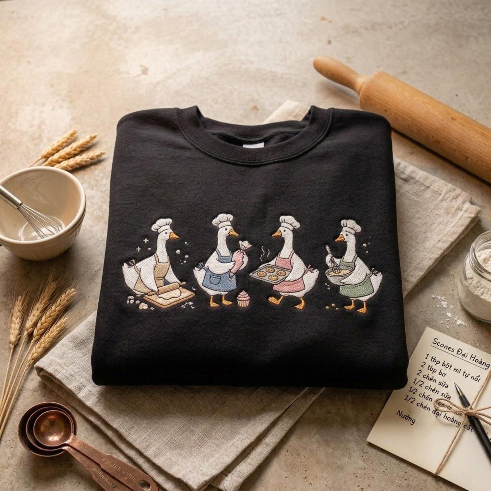 Cute Baker Goose Embroidered Sweatshirt, Chef Geese Baking Crewneck, Cozy Kitchen Apparel, Funny Bakery Gift Idea for Bakers and Pastry Love 4