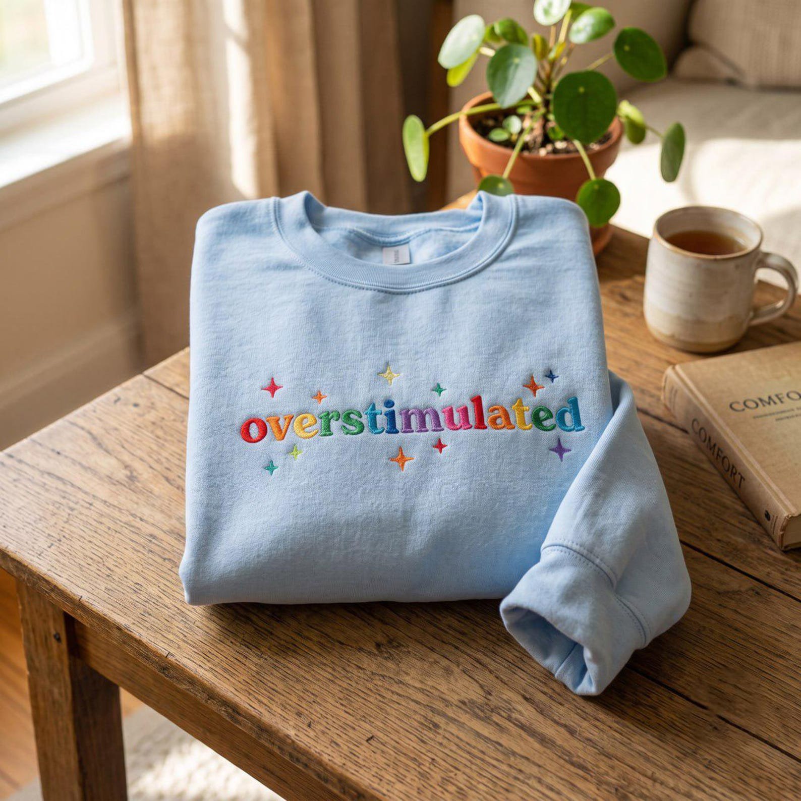 Overstimulated Embroidered Sweatshirt, Neurodivergent Comfort Shirt, Rainbow Letter Crewneck, Sensory Overload Cozy Gift 2