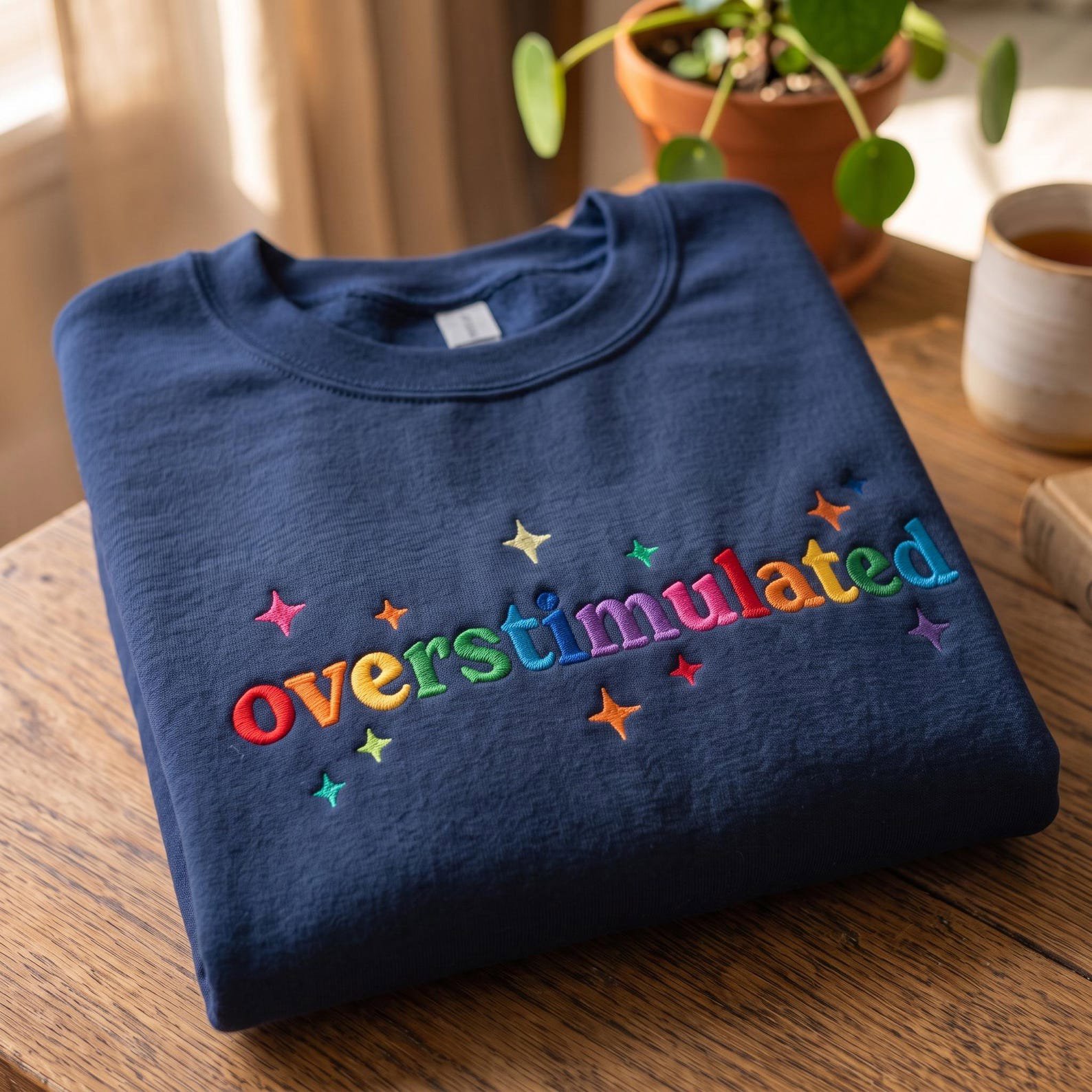 Overstimulated Embroidered Sweatshirt, Neurodivergent Comfort Shirt, Rainbow Letter Crewneck, Sensory Overload Cozy Gift 3