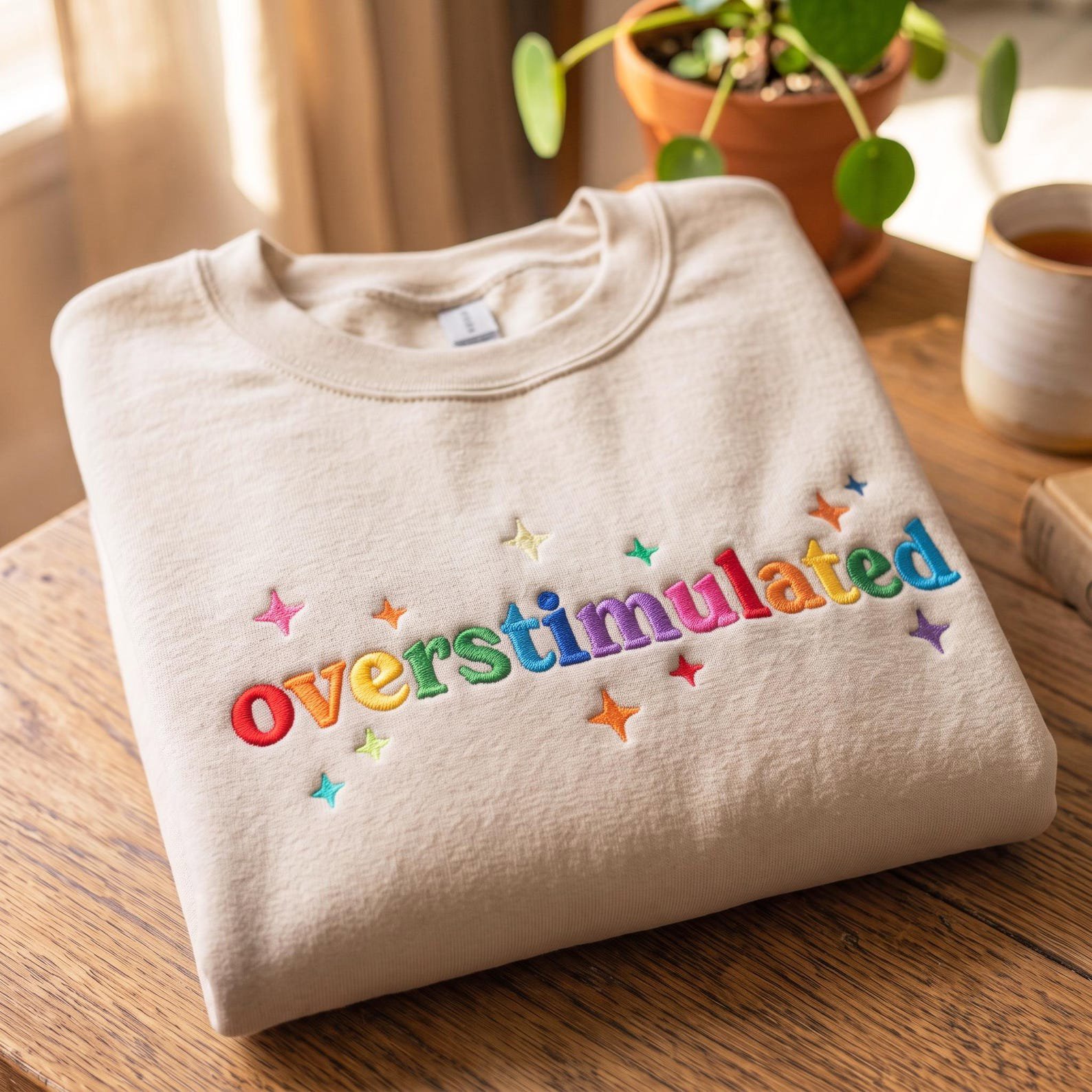 Overstimulated Embroidered Sweatshirt, Neurodivergent Comfort Shirt, Rainbow Letter Crewneck, Sensory Overload Cozy Gift 1