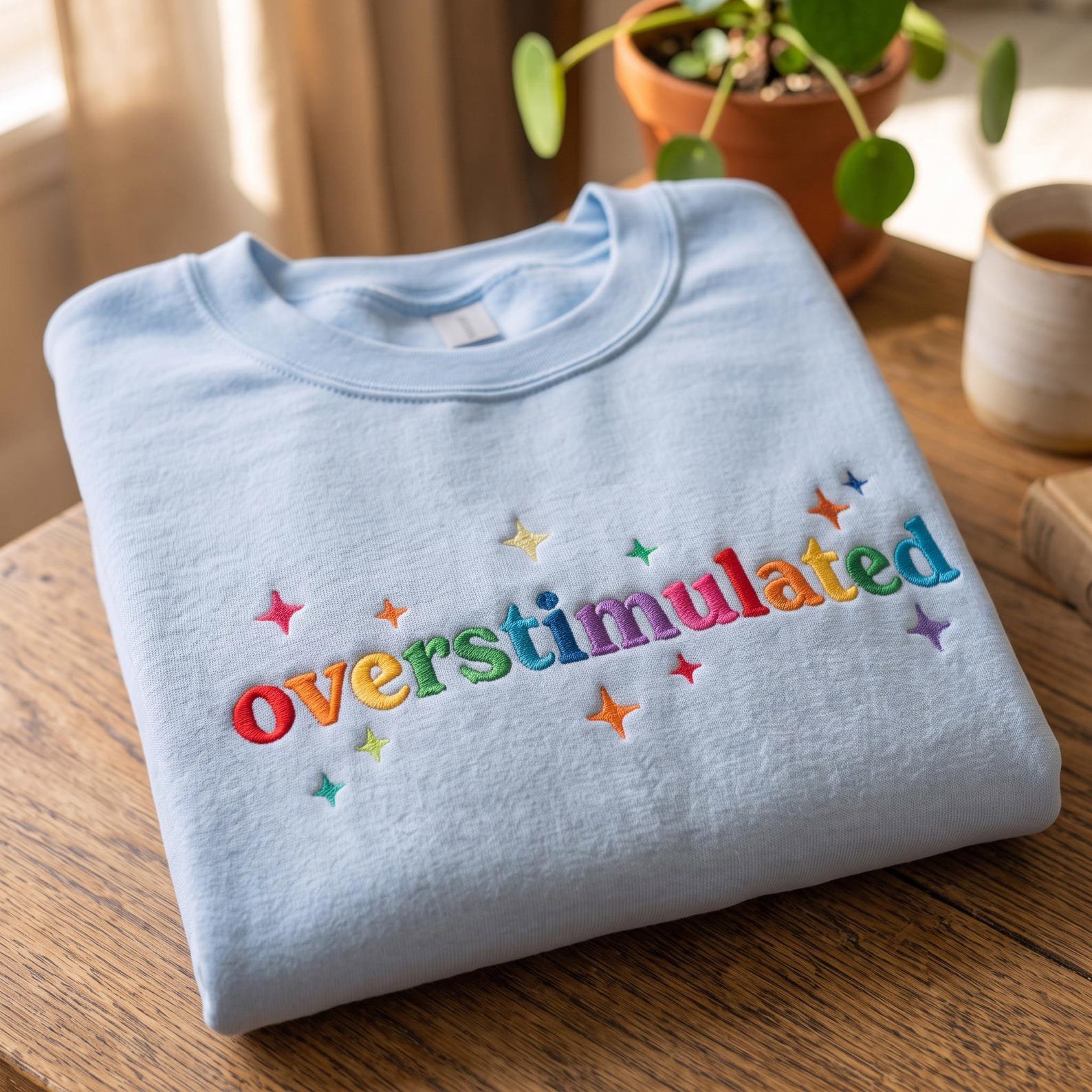 Overstimulated Embroidered Sweatshirt, Neurodivergent Comfort Shirt, Rainbow Letter Crewneck, Sensory Overload Cozy Gift 4