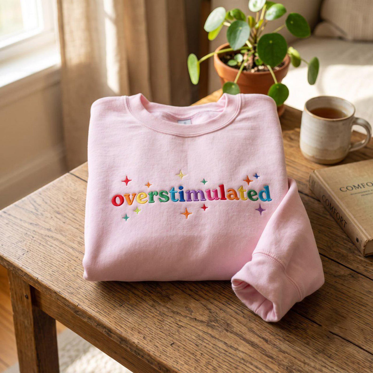 Overstimulated Embroidered Sweatshirt, Neurodivergent Comfort Shirt, Rainbow Letter Crewneck, Sensory Overload Cozy Gift 5
