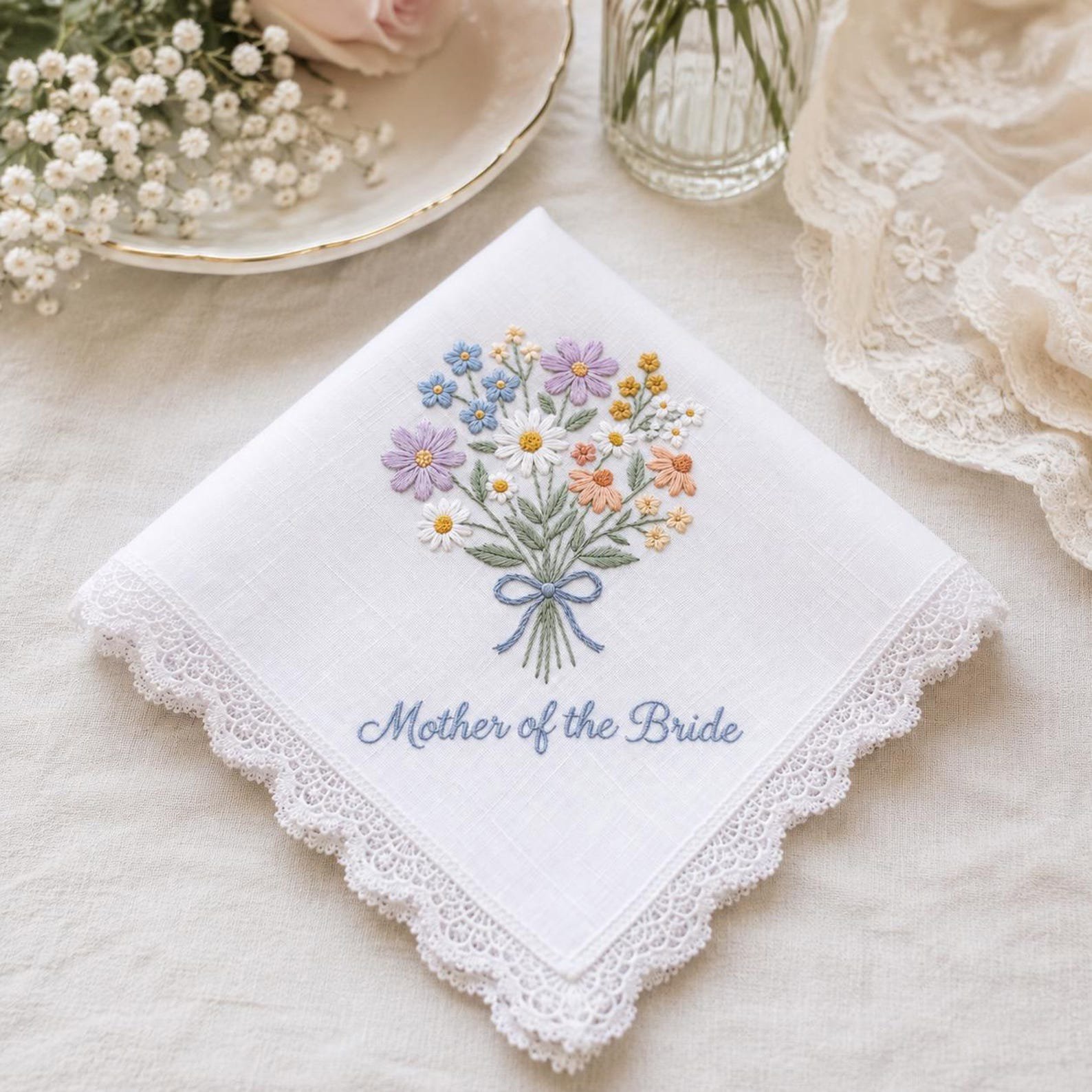 Mother Of The Bride Embroidered Wedding Handkerchief, Bride Mother Gift, Floral Linen Hanky, Lace Edge Keepsake, Vintage Bridal Gift 2