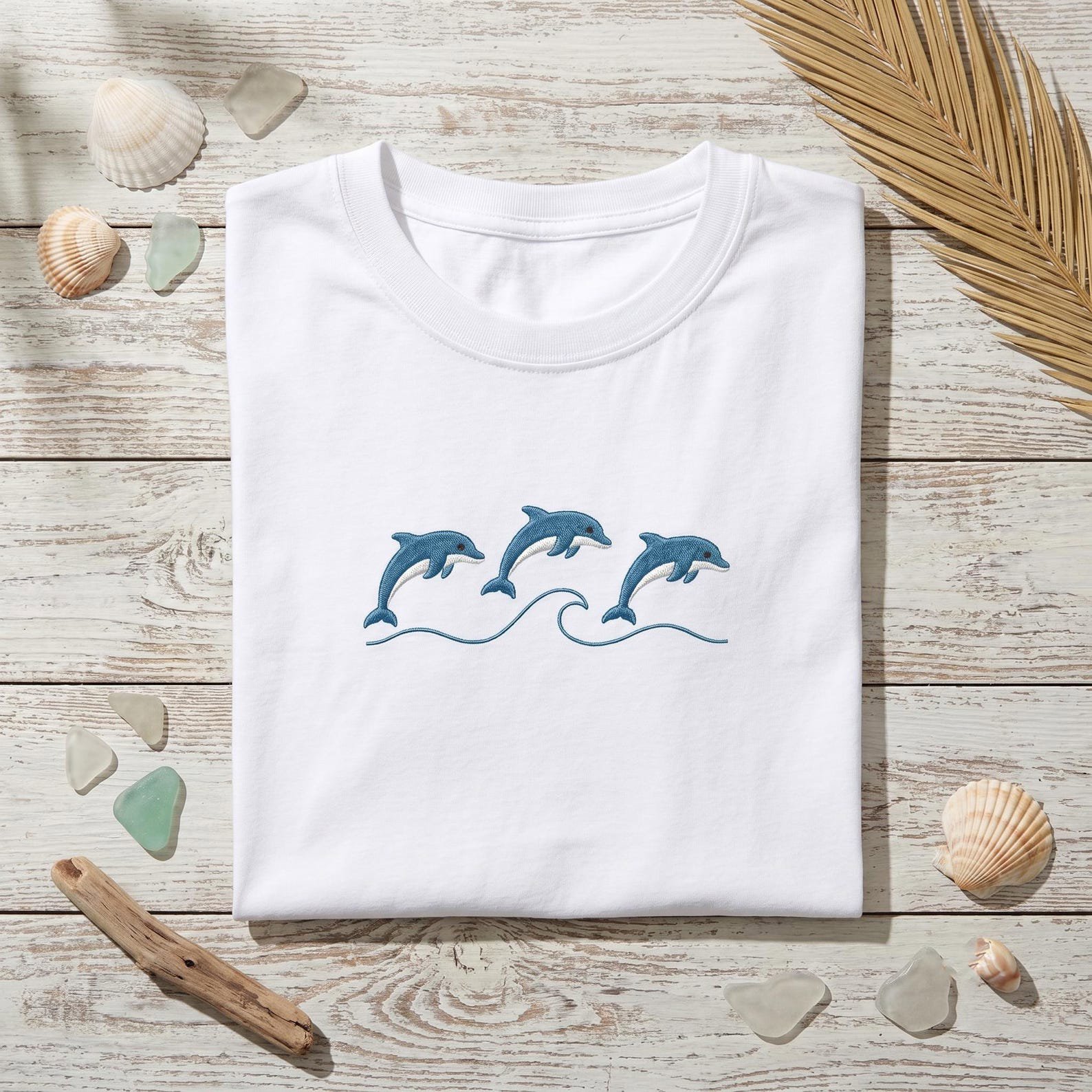 Minimal Dolphin Embroidered Tee, Coastal Beach Shirt, Ocean Lover Gift 1