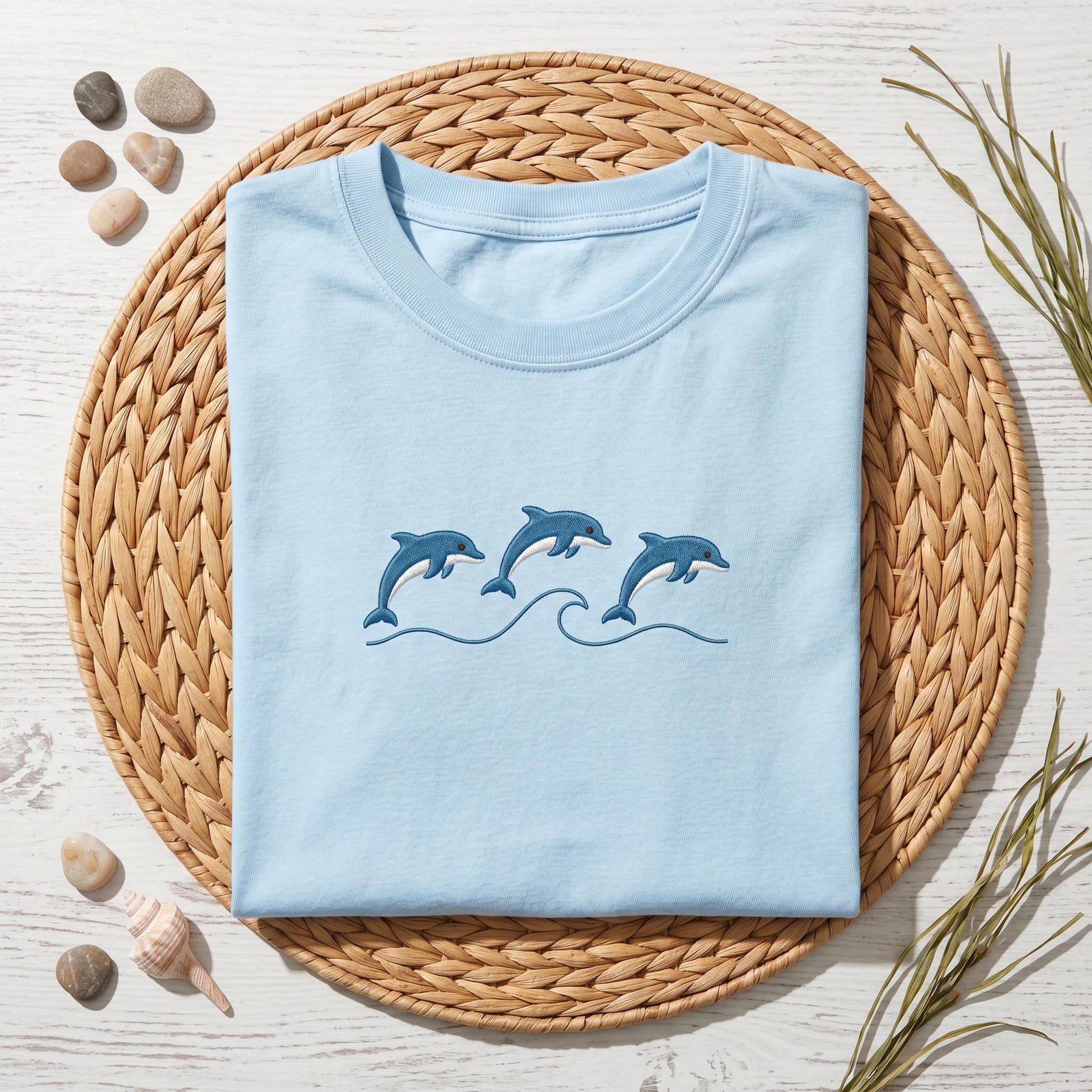 Minimal Dolphin Embroidered Tee, Coastal Beach Shirt, Ocean Lover Gift 3