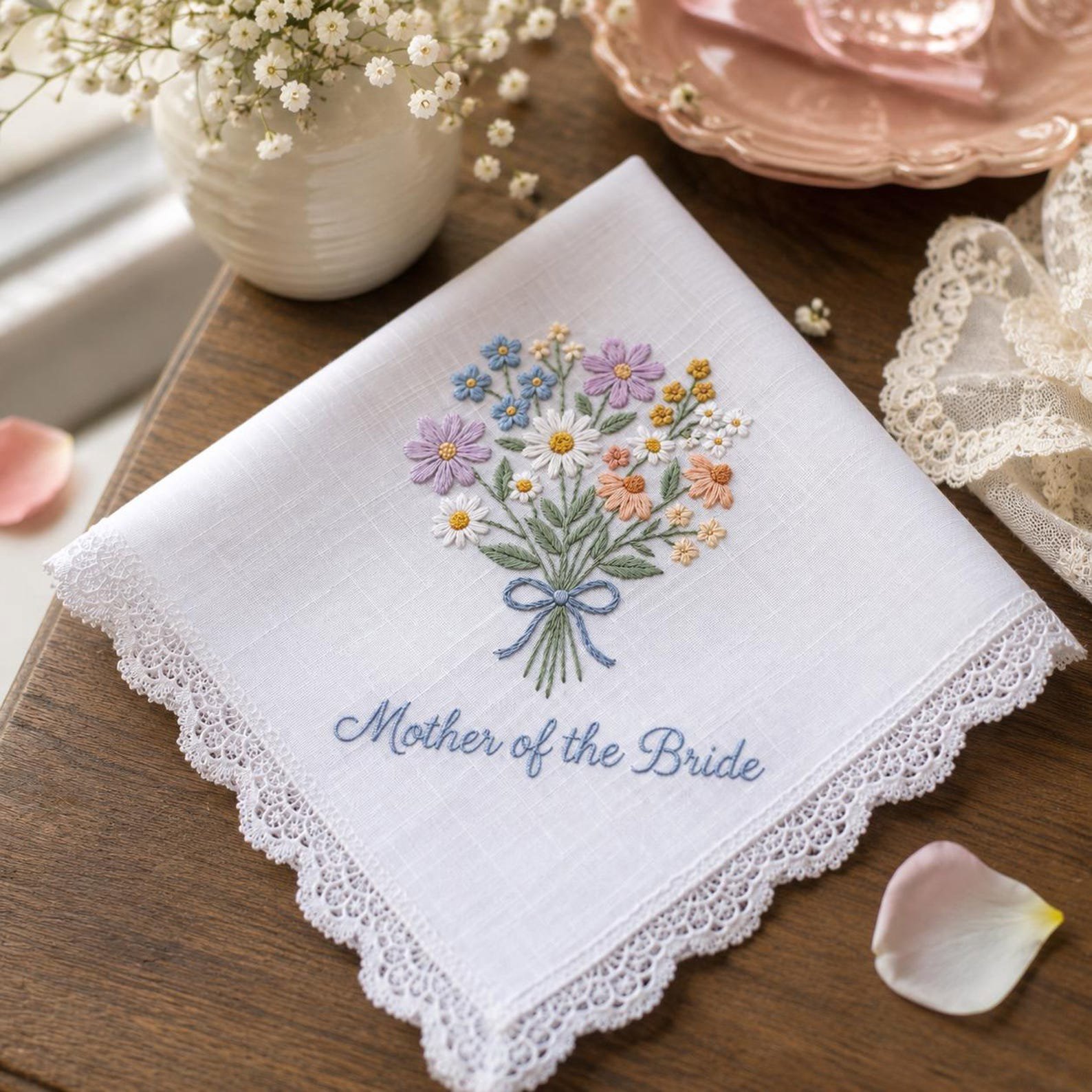 Mother Of The Bride Embroidered Wedding Handkerchief, Bride Mother Gift, Floral Linen Hanky, Lace Edge Keepsake, Vintage Bridal Gift 3