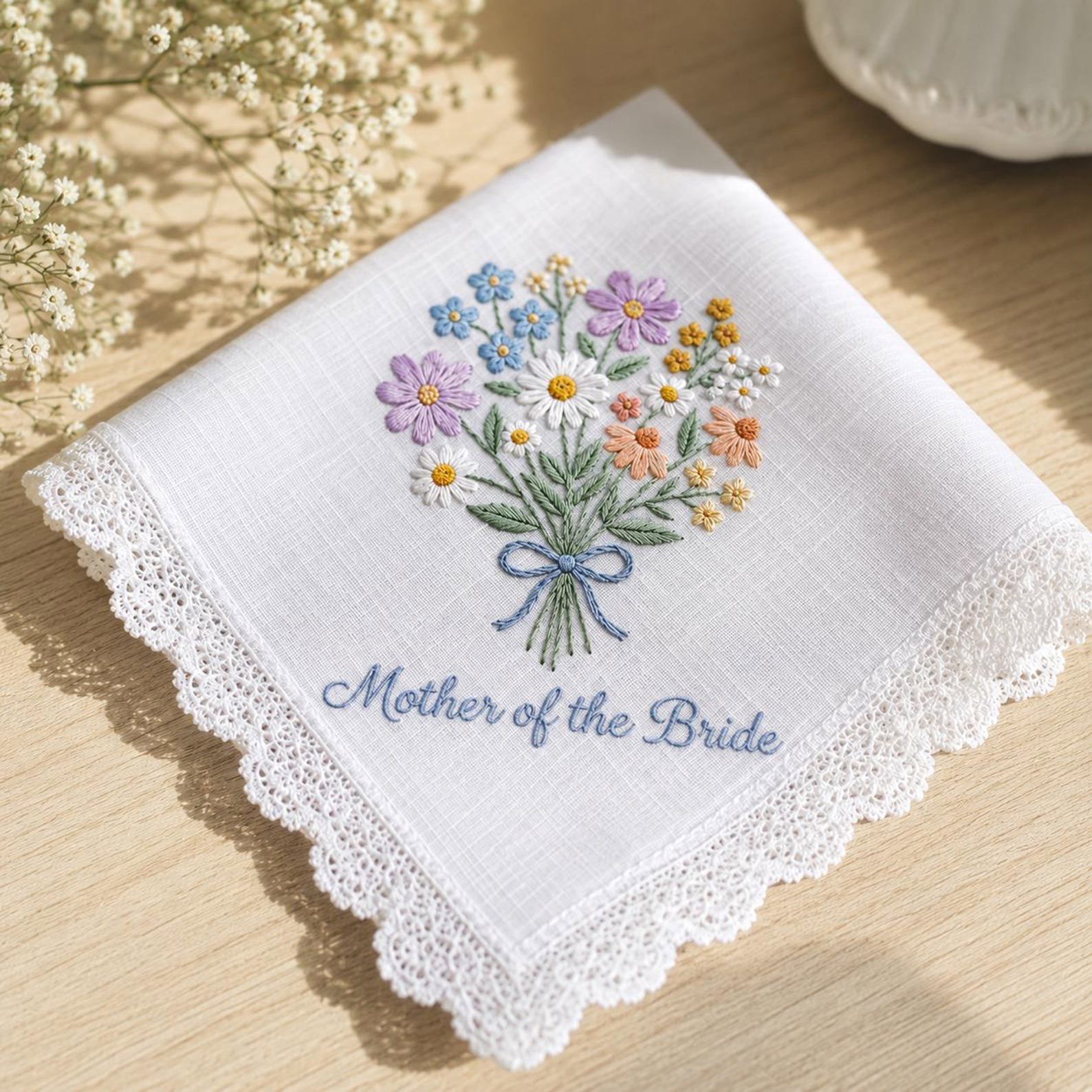 Mother Of The Bride Embroidered Wedding Handkerchief, Bride Mother Gift, Floral Linen Hanky, Lace Edge Keepsake, Vintage Bridal Gift 1