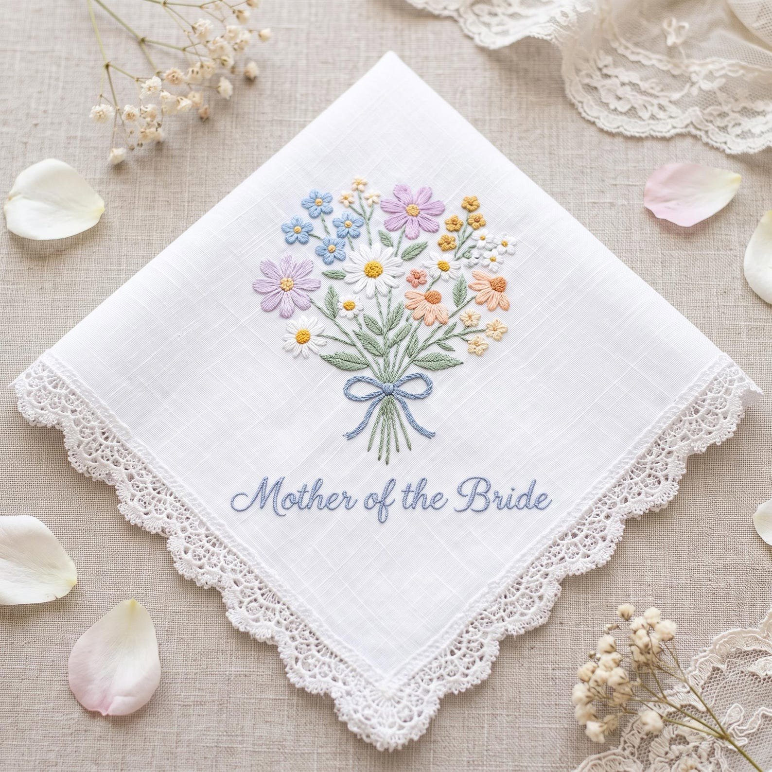 Mother Of The Bride Embroidered Wedding Handkerchief, Bride Mother Gift, Floral Linen Hanky, Lace Edge Keepsake, Vintage Bridal Gift 4