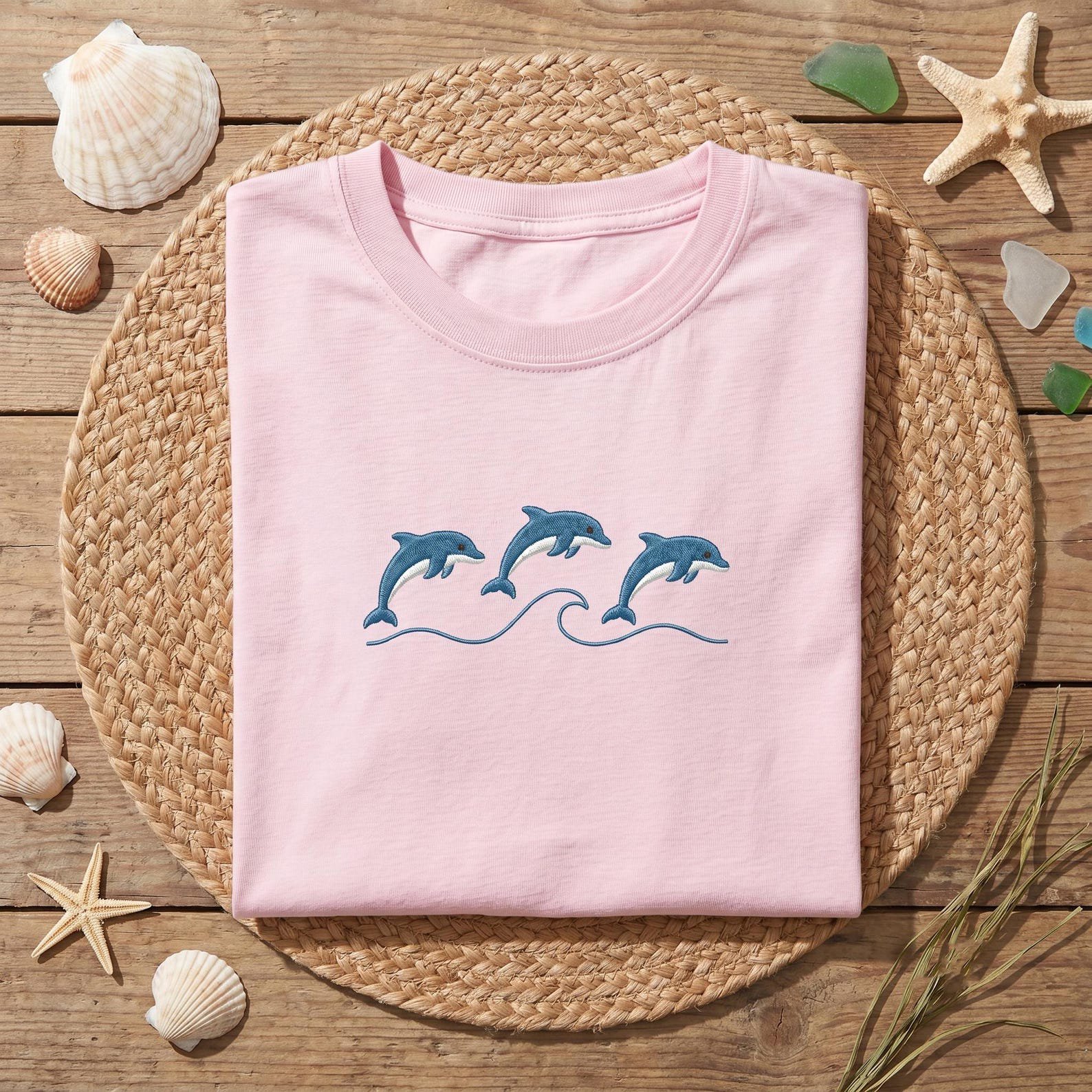 Minimal Dolphin Embroidered Tee, Coastal Beach Shirt, Ocean Lover Gift 4