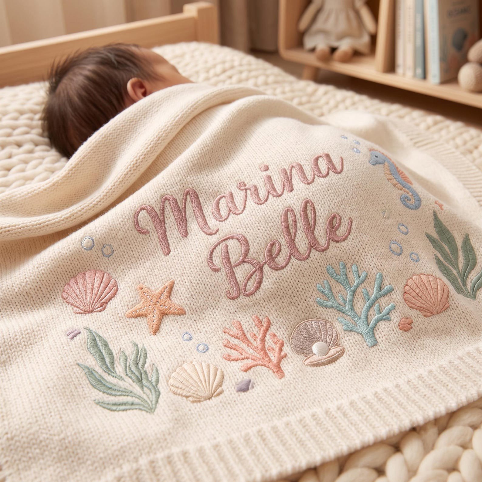 Embroidered Personalized Baby Blanket, Custom Newborn Name Blanket, Ocean Nursery Gift, Baby Shower Keepsake, Seashell Blanket 3