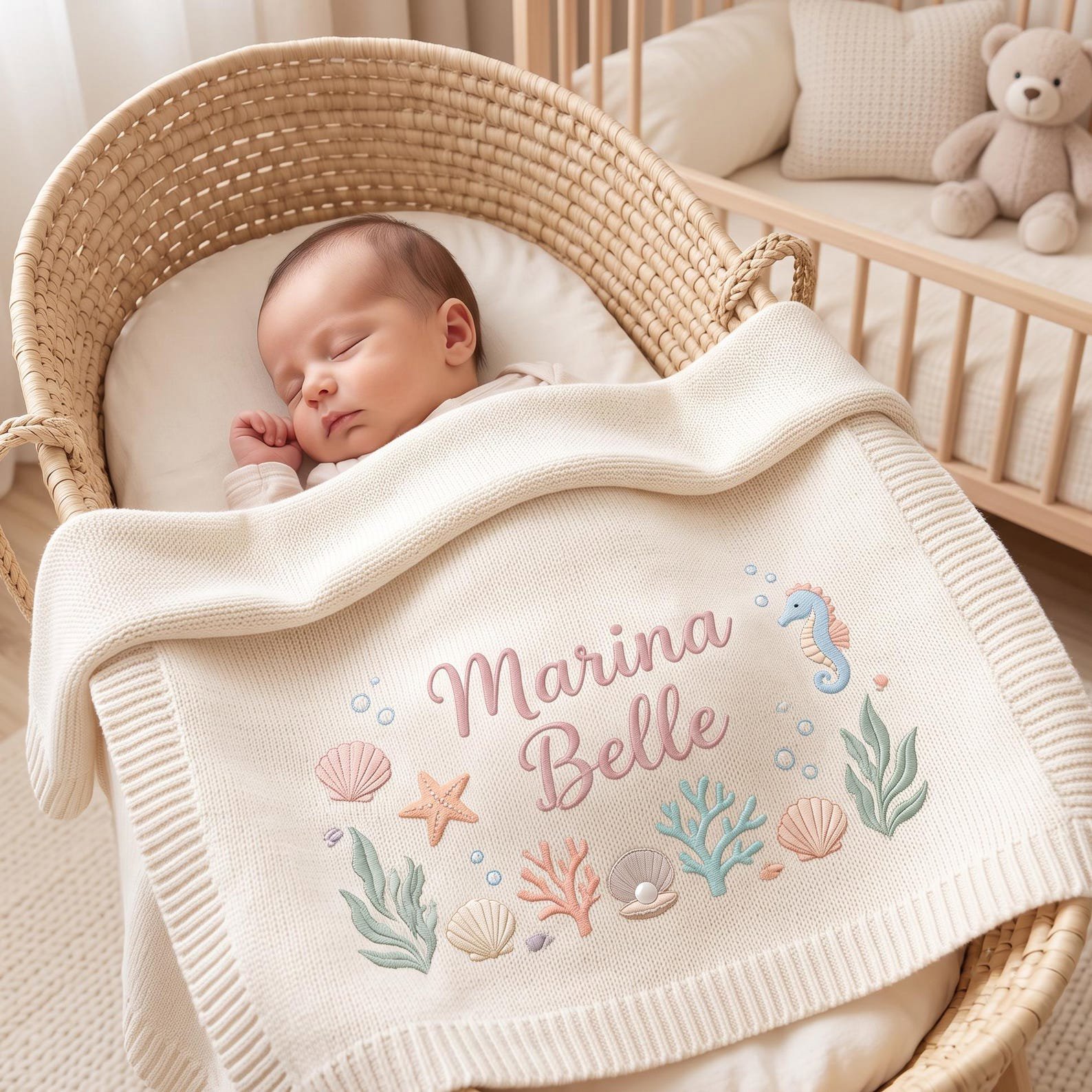 Embroidered Personalized Baby Blanket, Custom Newborn Name Blanket, Ocean Nursery Gift, Baby Shower Keepsake, Seashell Blanket 2