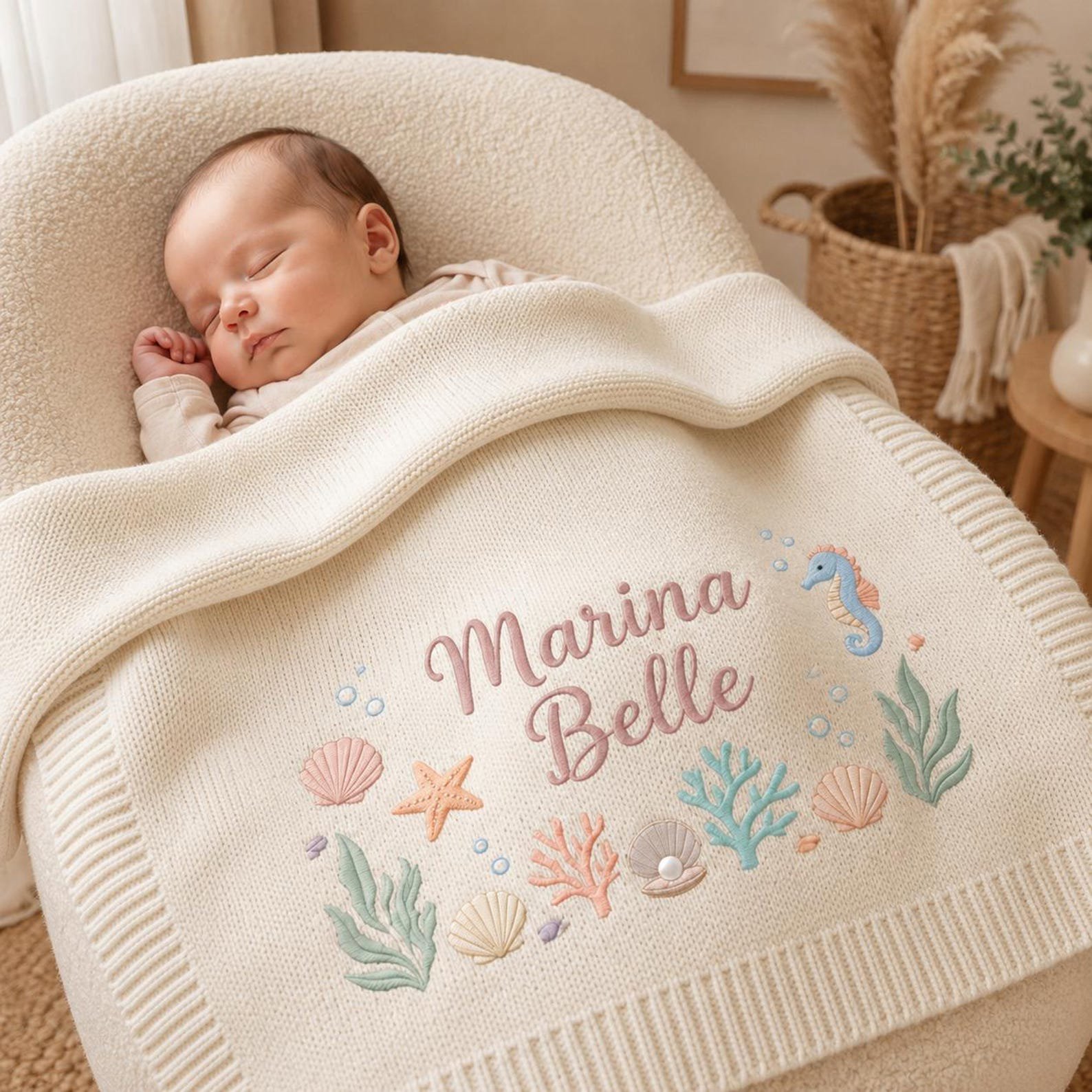 Embroidered Personalized Baby Blanket, Custom Newborn Name Blanket, Ocean Nursery Gift, Baby Shower Keepsake, Seashell Blanket 4