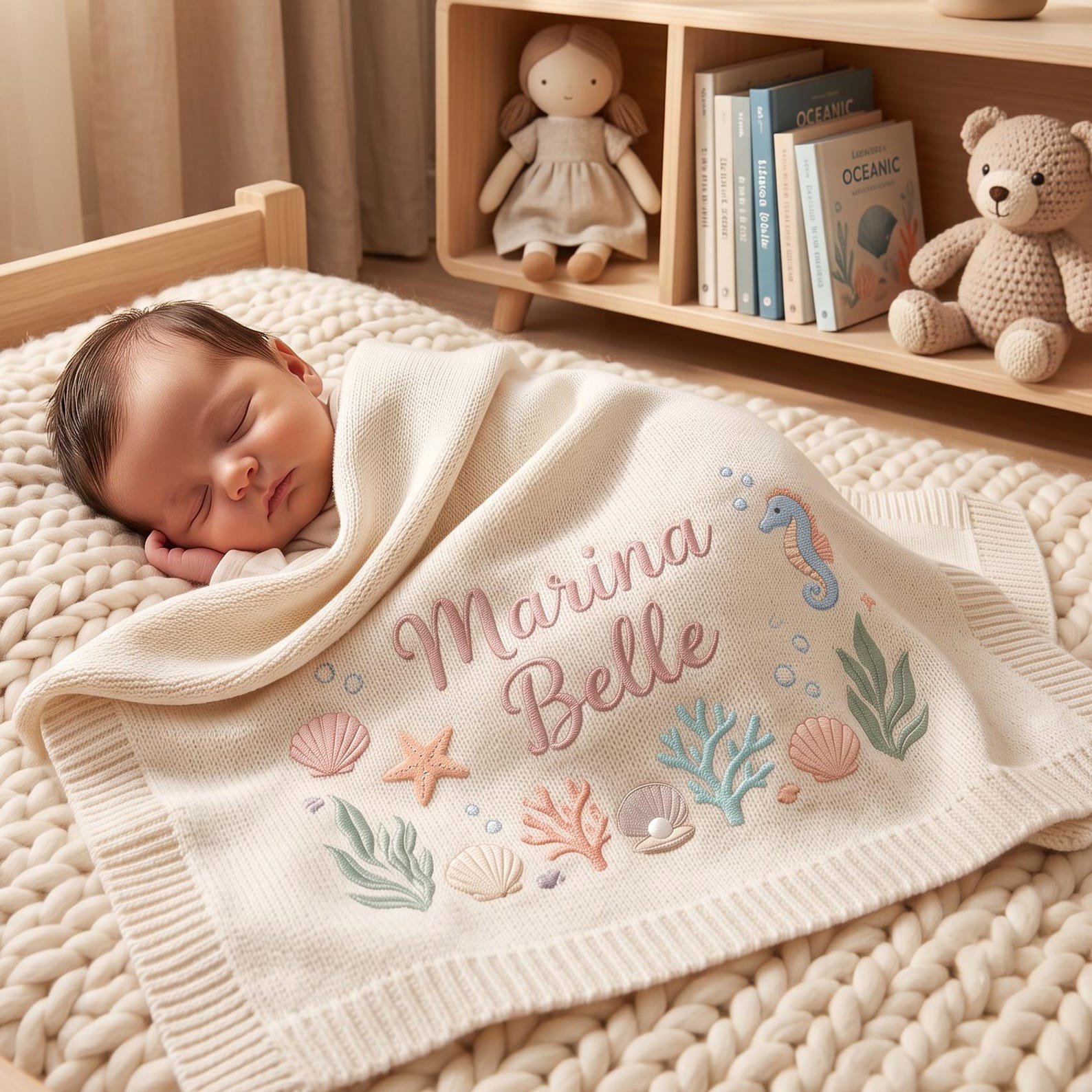 Embroidered Personalized Baby Blanket, Custom Newborn Name Blanket, Ocean Nursery Gift, Baby Shower Keepsake, Seashell Blanket 5