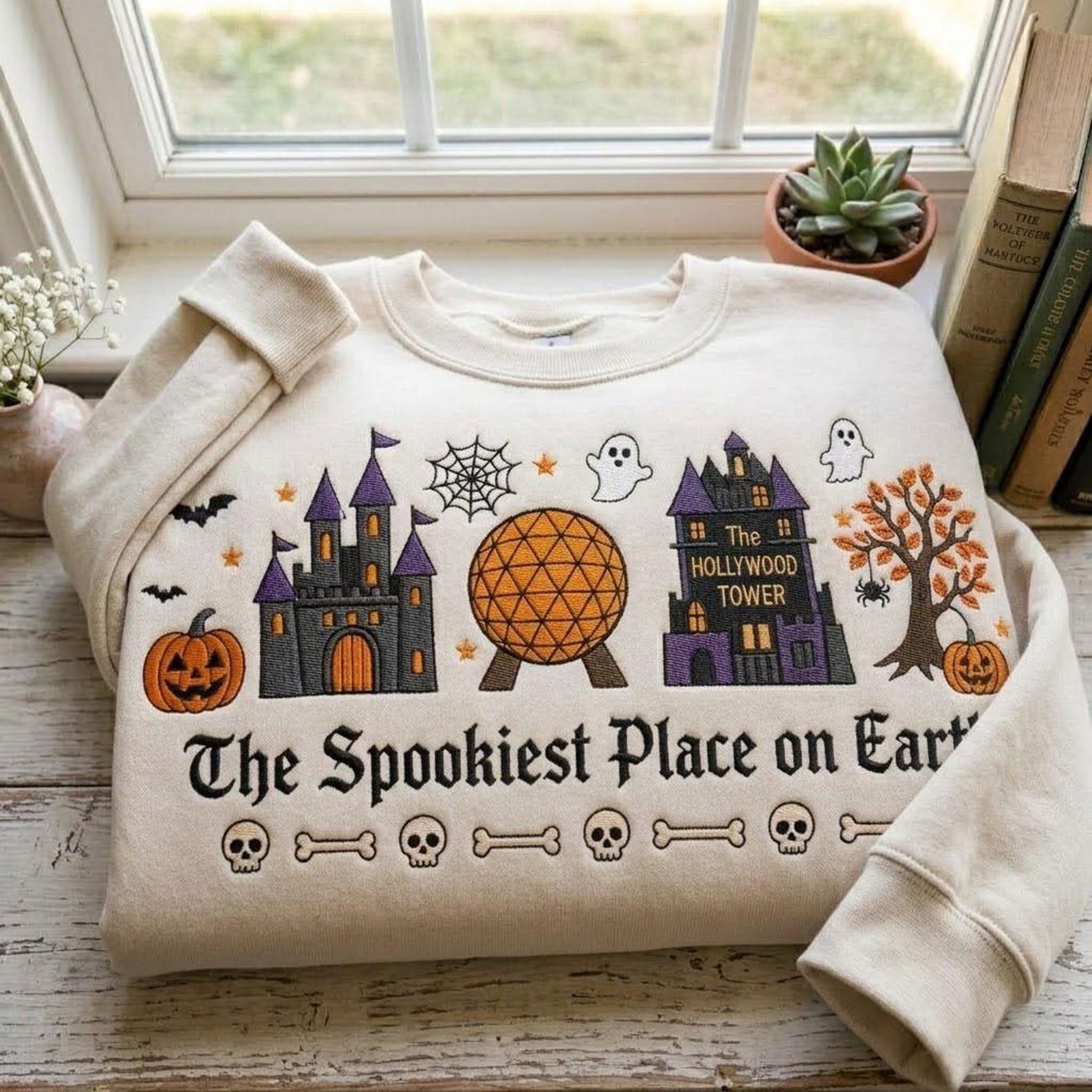 Spookiest Place Sweatshirt, Embroidered Halloween Theme Park Crewneck, Haunted Castle Tower Ghost Pumpkin, Fall Travel Gift 1