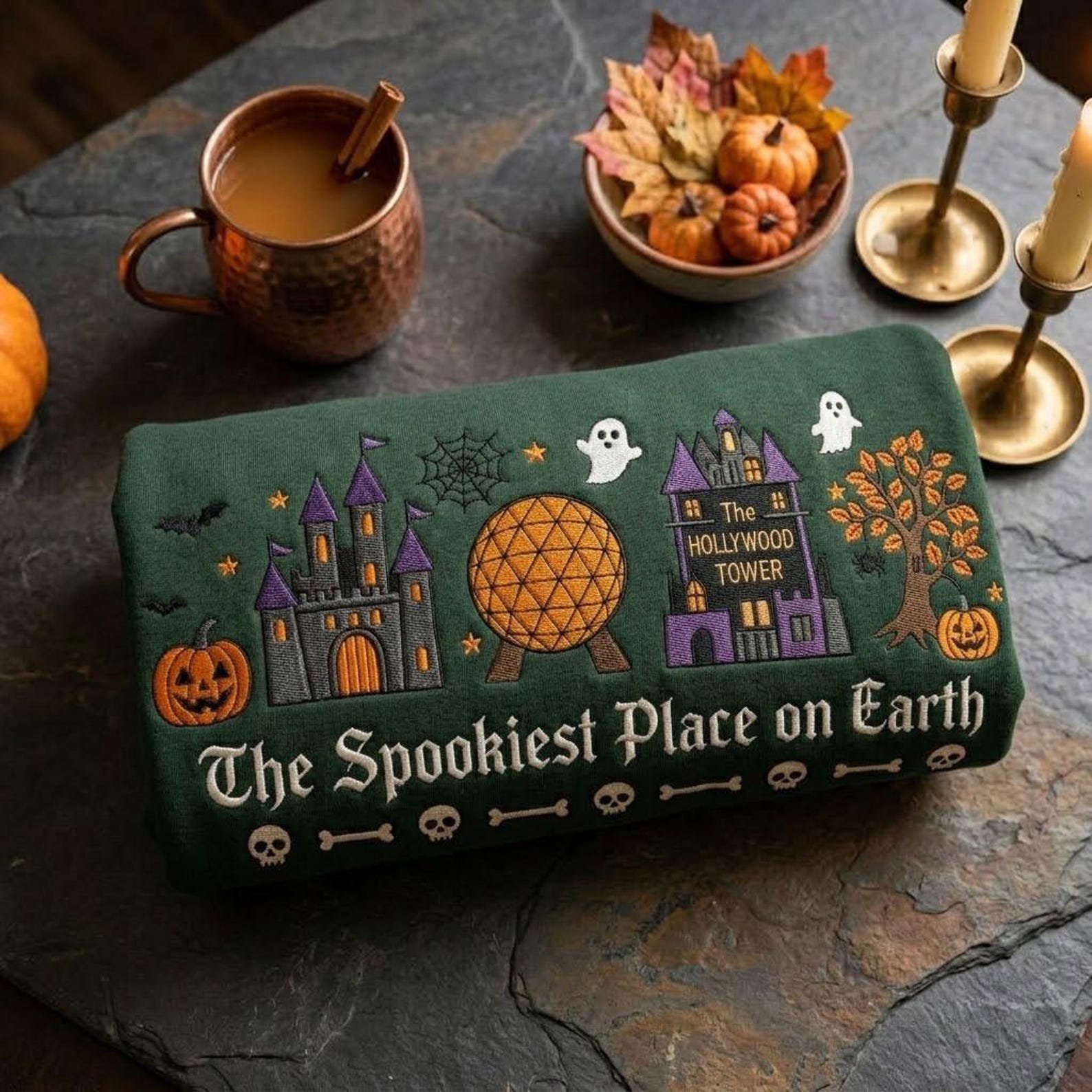 Spookiest Place Sweatshirt, Embroidered Halloween Theme Park Crewneck, Haunted Castle Tower Ghost Pumpkin, Fall Travel Gift 2