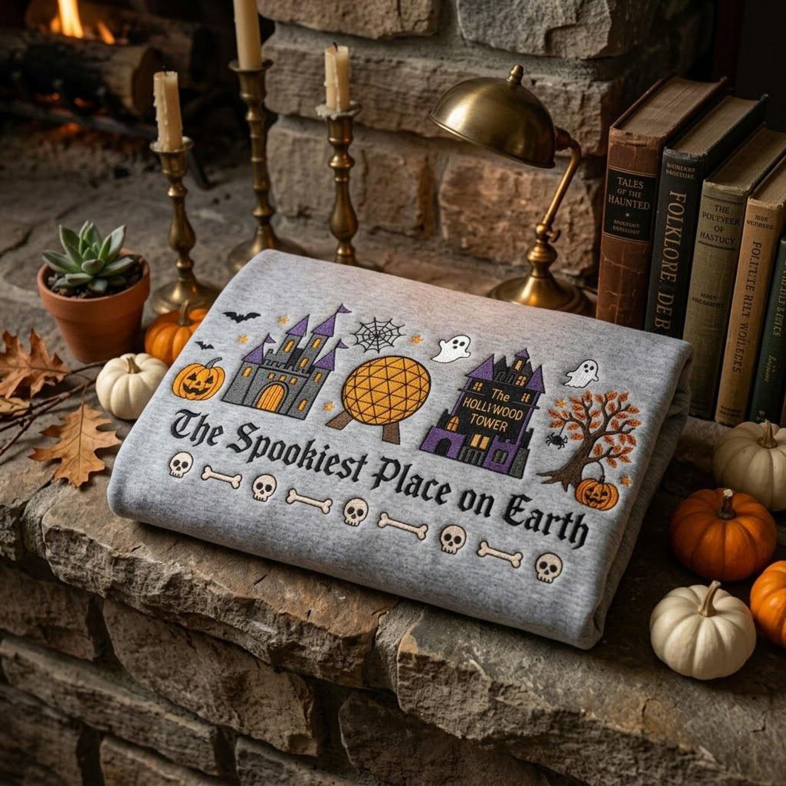 Spookiest Place Sweatshirt, Embroidered Halloween Theme Park Crewneck, Haunted Castle Tower Ghost Pumpkin, Fall Travel Gift 3