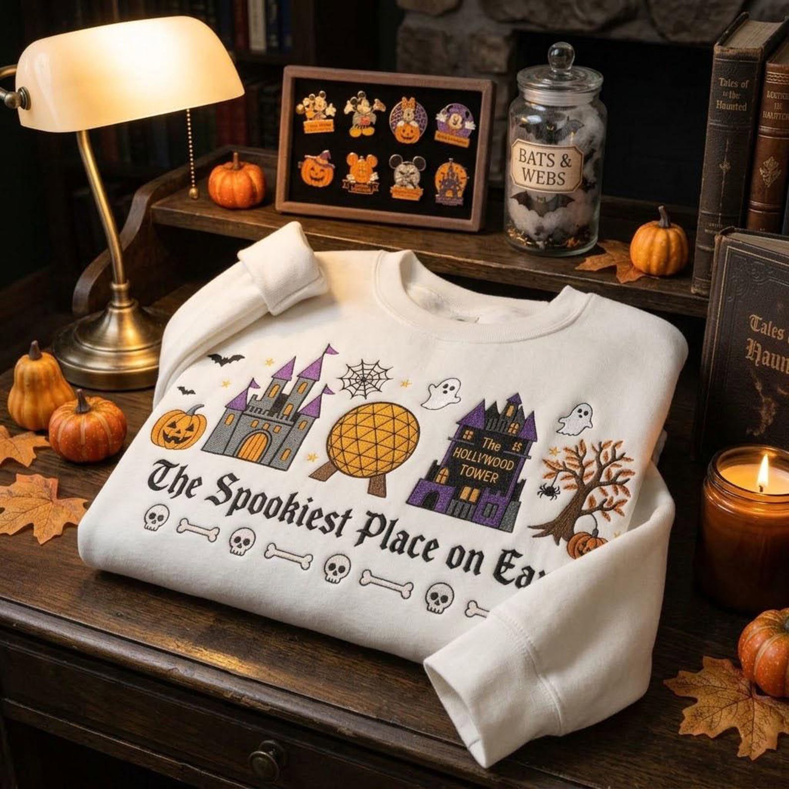 Spookiest Place Sweatshirt, Embroidered Halloween Theme Park Crewneck, Haunted Castle Tower Ghost Pumpkin, Fall Travel Gift 5