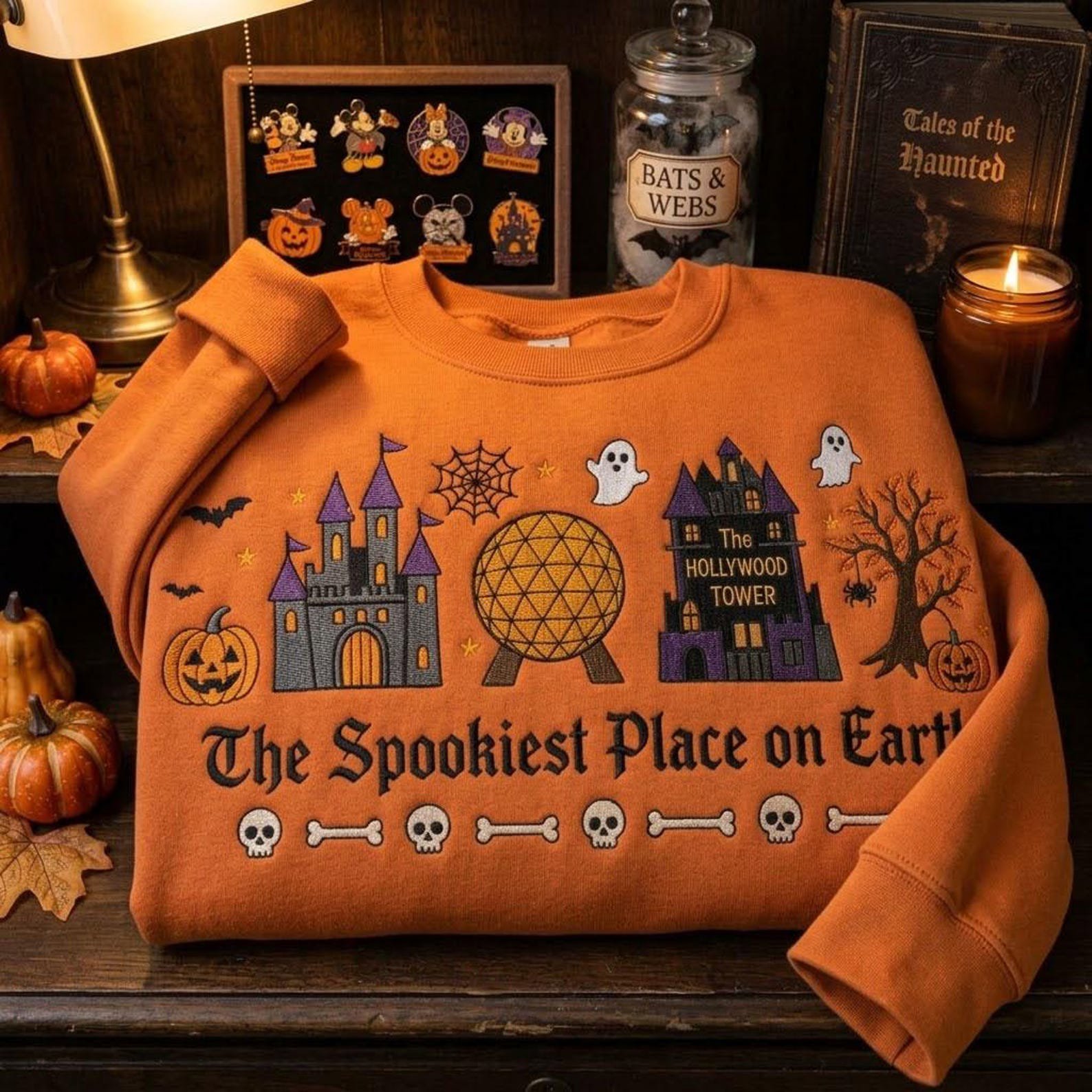 Spookiest Place Sweatshirt, Embroidered Halloween Theme Park Crewneck, Haunted Castle Tower Ghost Pumpkin, Fall Travel Gift 4