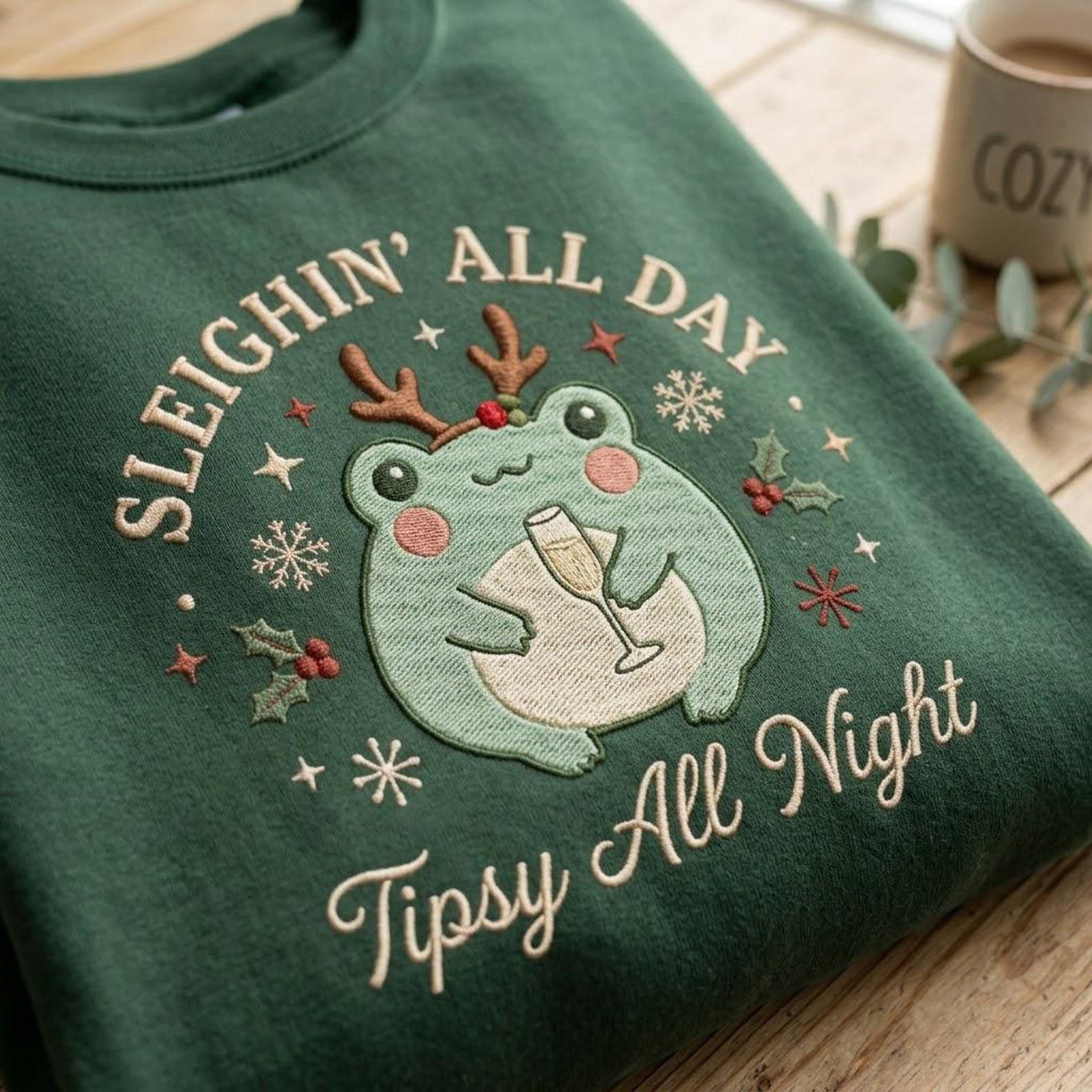 Sleighin All Day Embroidered Sweatshirt, Cute Christmas Frog Crewneck, Tipsy All Night Holiday Party Shirt, Funny Frog Lover Gift 2