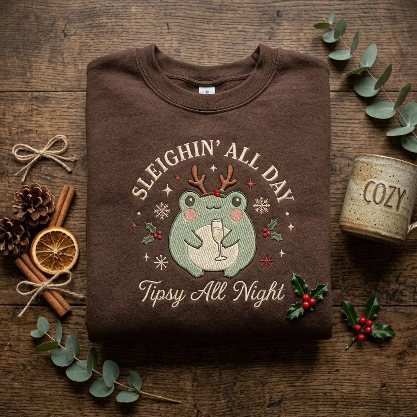 Sleighin All Day Embroidered Sweatshirt, Cute Christmas Frog Crewneck, Tipsy All Night Holiday Party Shirt, Funny Frog Lover Gift 3