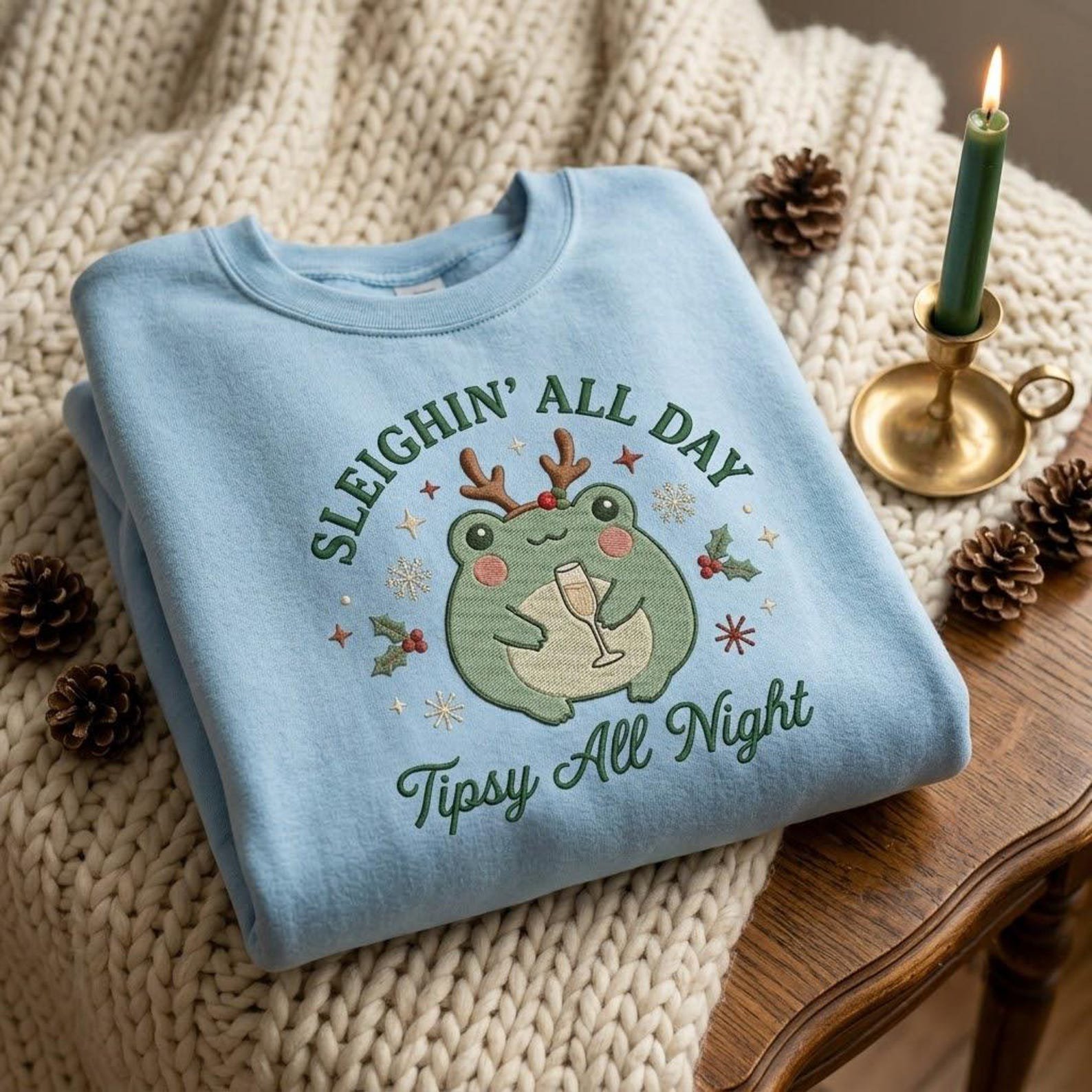 Sleighin All Day Embroidered Sweatshirt, Cute Christmas Frog Crewneck, Tipsy All Night Holiday Party Shirt, Funny Frog Lover Gift 1