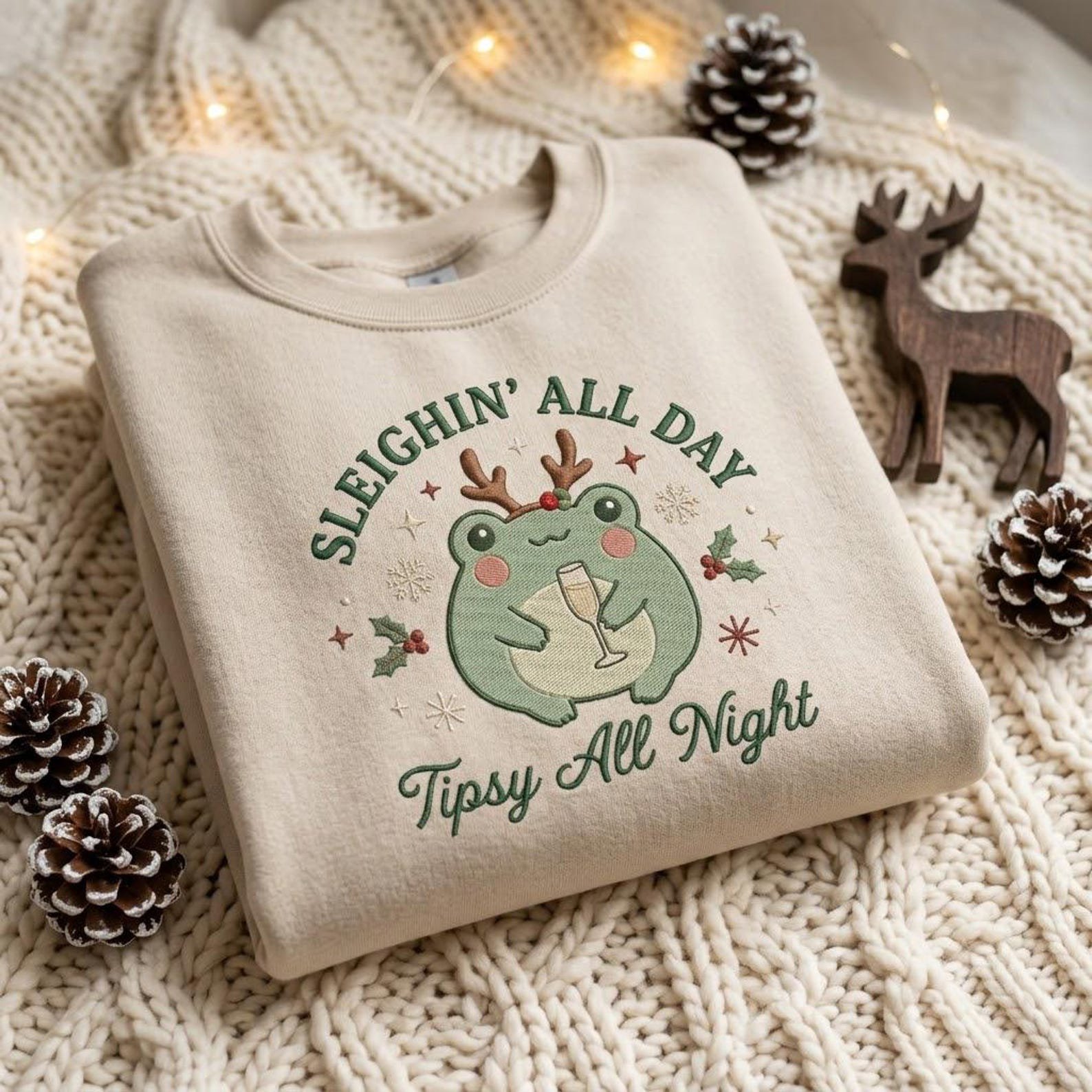 Sleighin All Day Embroidered Sweatshirt, Cute Christmas Frog Crewneck, Tipsy All Night Holiday Party Shirt, Funny Frog Lover Gift 4
