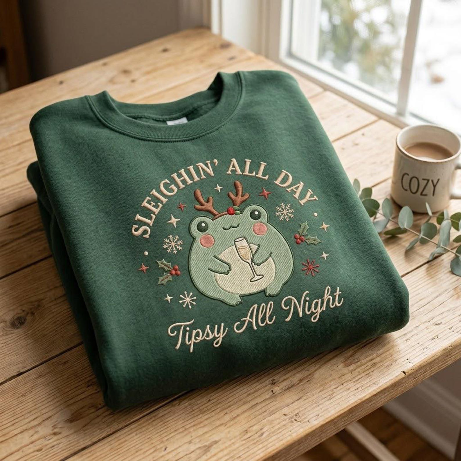 Sleighin All Day Embroidered Sweatshirt, Cute Christmas Frog Crewneck, Tipsy All Night Holiday Party Shirt, Funny Frog Lover Gift 5