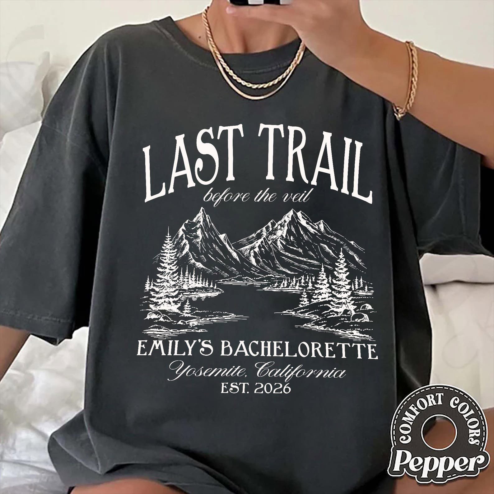Last Trail Before the Veil Shirt, Hiking Bachelorette Tee, Mountain Bride Tshirt, Camp Bride Shirt, Outdoor Bridal Party Tee 1