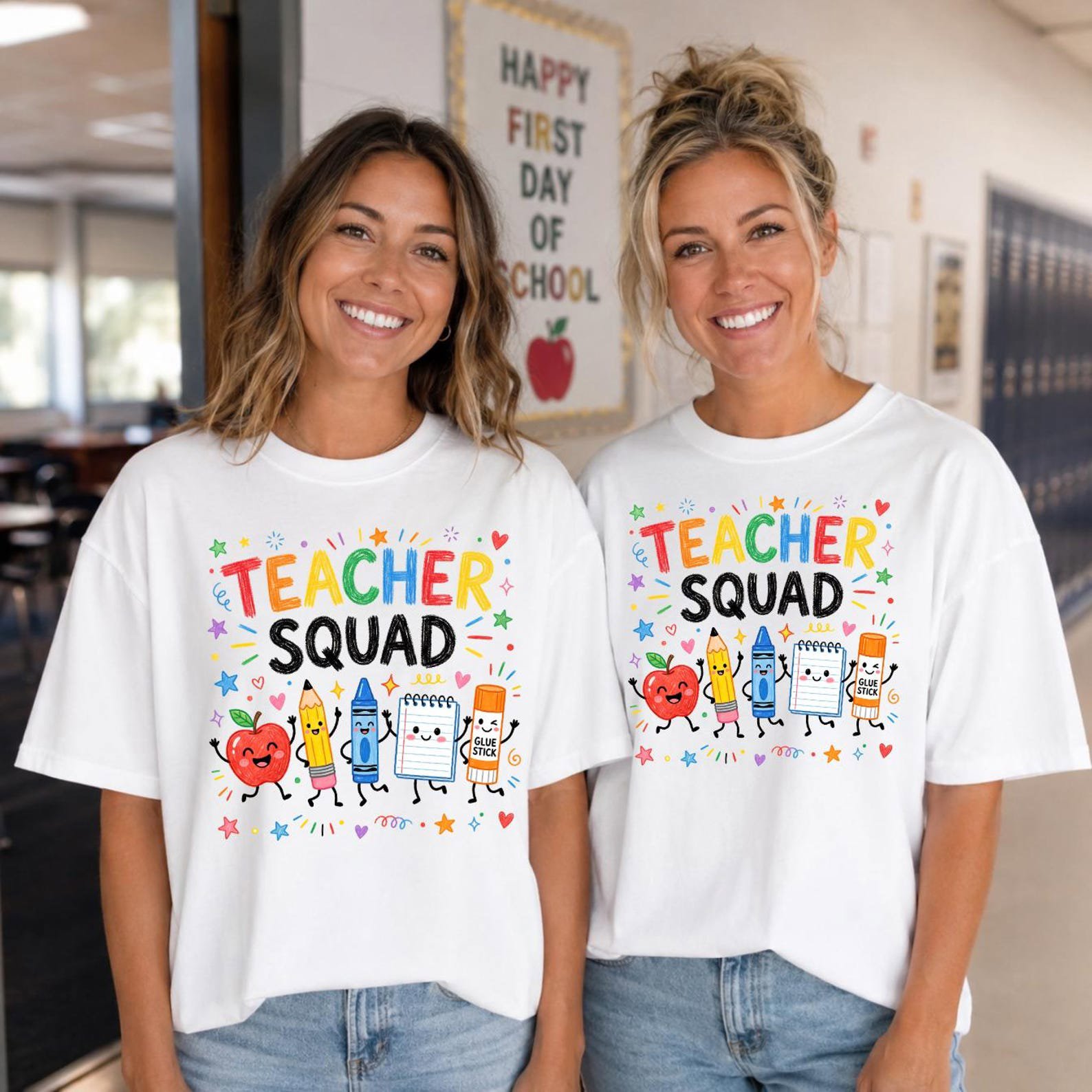 Cute Teacher Squad Shirts, Matching School Staff Tees, Colorful Back to School Outfits, First Day Team Apparel 1