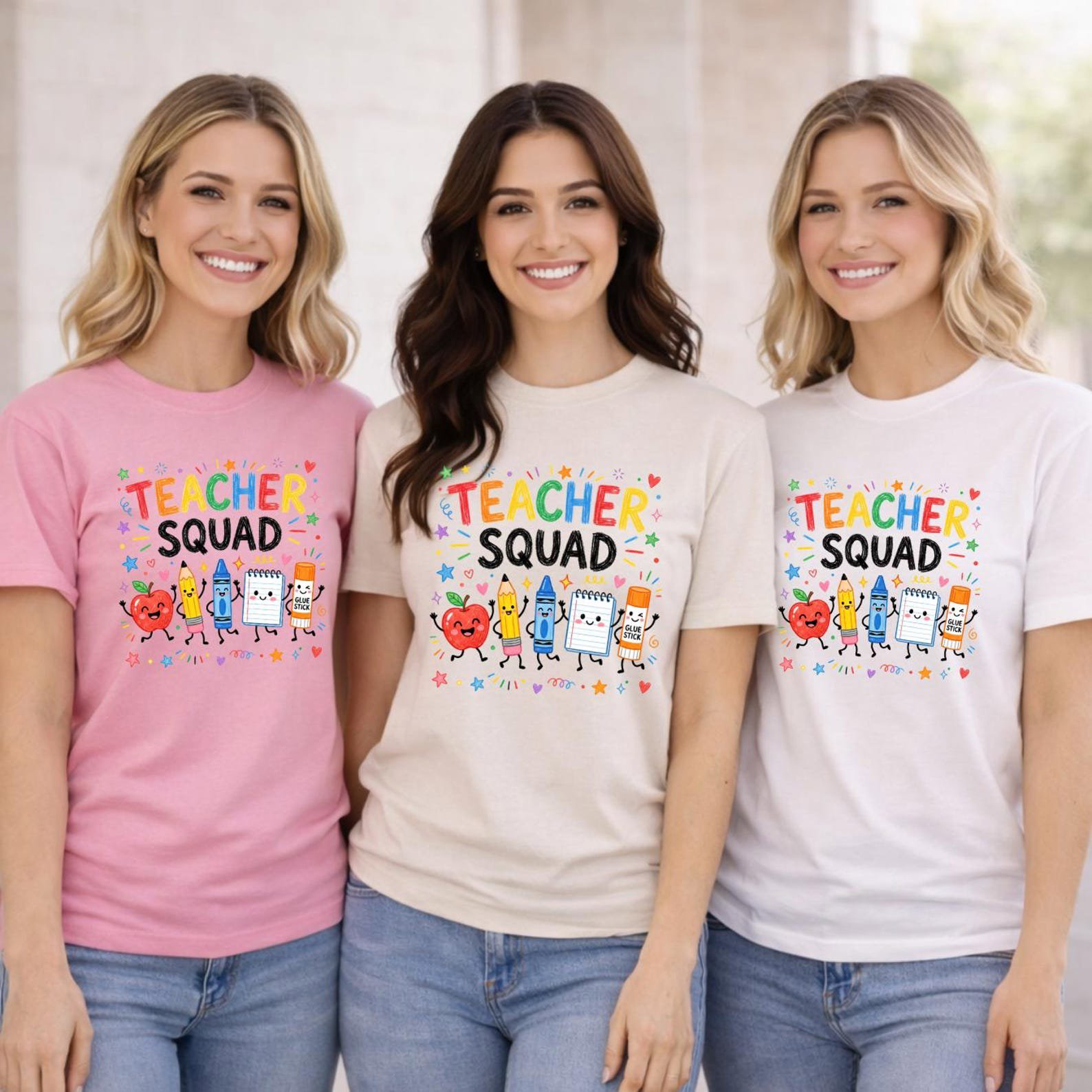Cute Teacher Squad Shirts, Matching School Staff Tees, Colorful Back to School Outfits, First Day Team Apparel 8