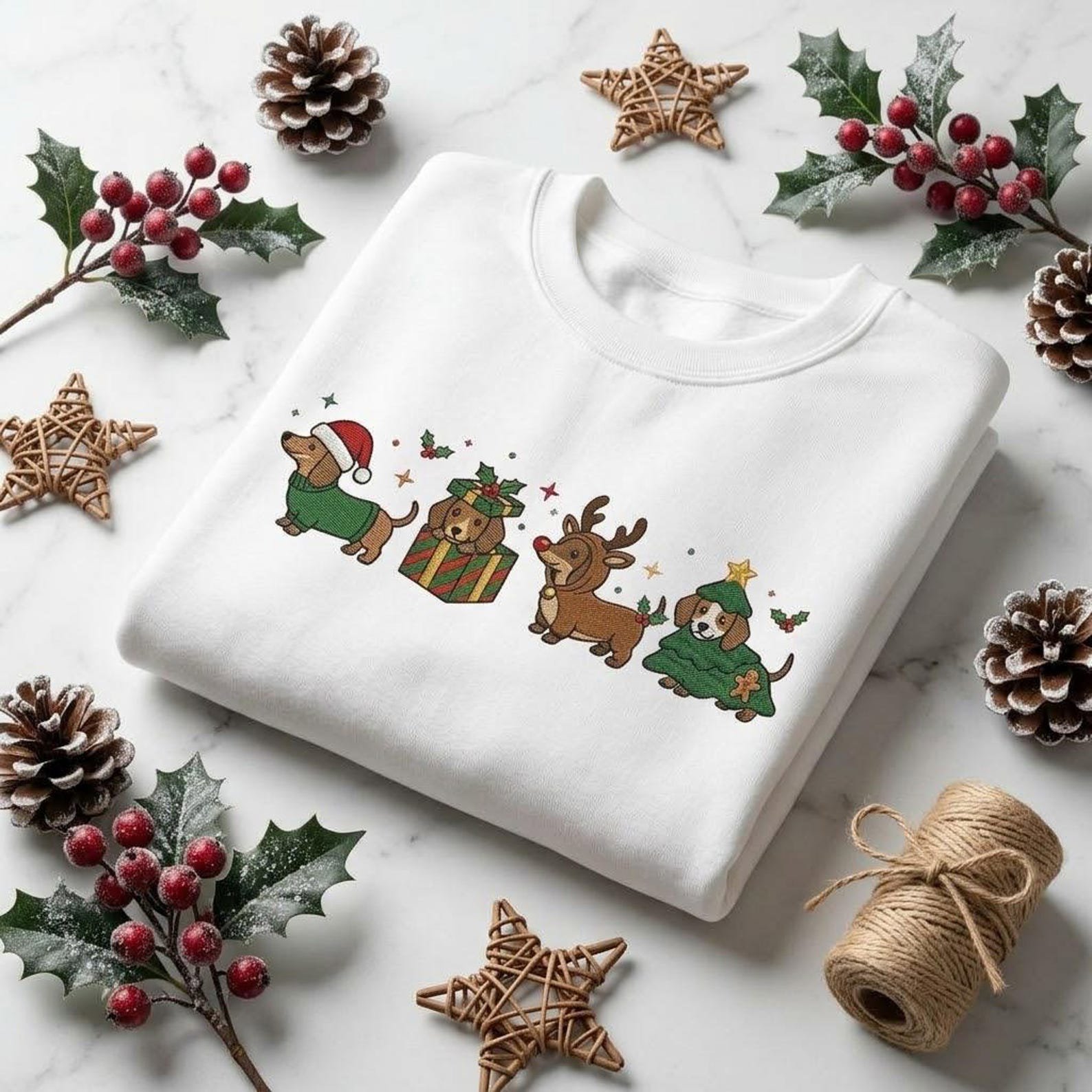 Wiener Dog Christmas Embroidered Sweatshirt, Dachshund Holiday Shirt, Cute Festive Dog Crewneck, Sausage Dog Lover Gift 1