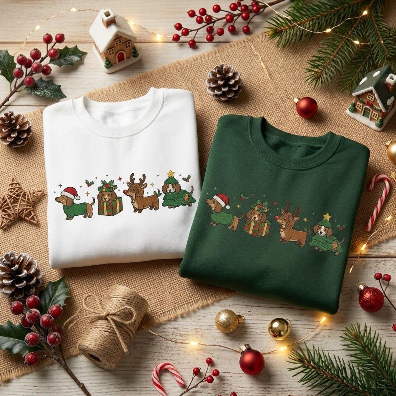 Wiener Dog Christmas Embroidered Sweatshirt, Dachshund Holiday Shirt, Cute Festive Dog Crewneck, Sausage Dog Lover Gift 2