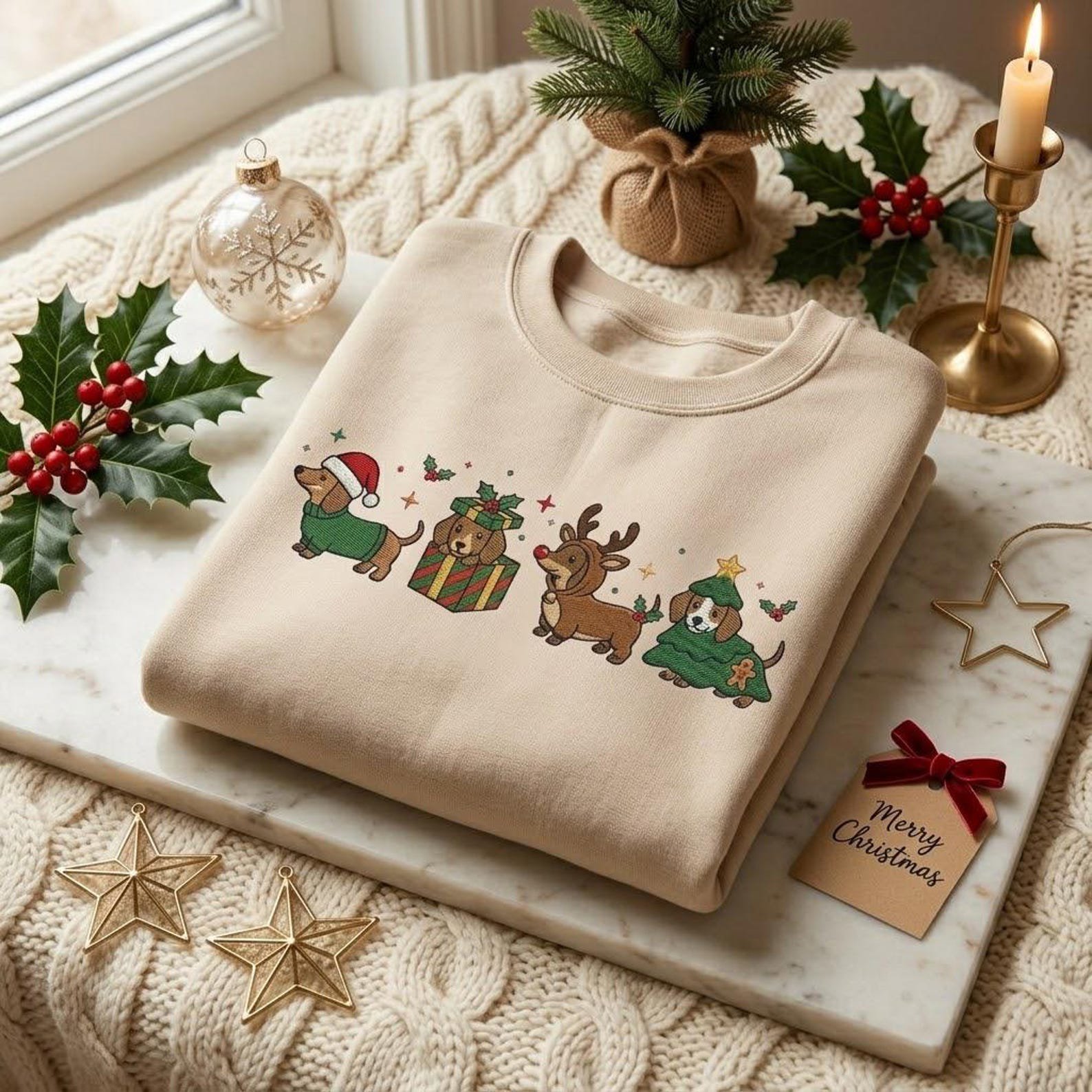 Wiener Dog Christmas Embroidered Sweatshirt, Dachshund Holiday Shirt, Cute Festive Dog Crewneck, Sausage Dog Lover Gift 3
