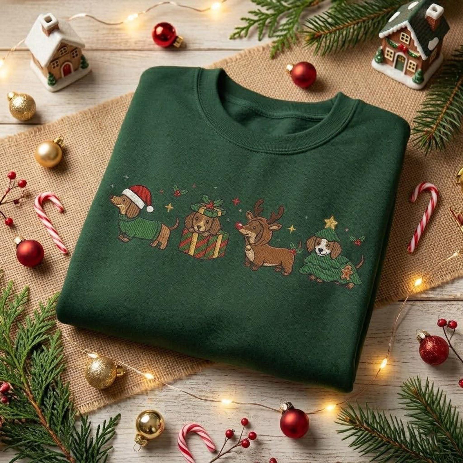 Wiener Dog Christmas Embroidered Sweatshirt, Dachshund Holiday Shirt, Cute Festive Dog Crewneck, Sausage Dog Lover Gift 4