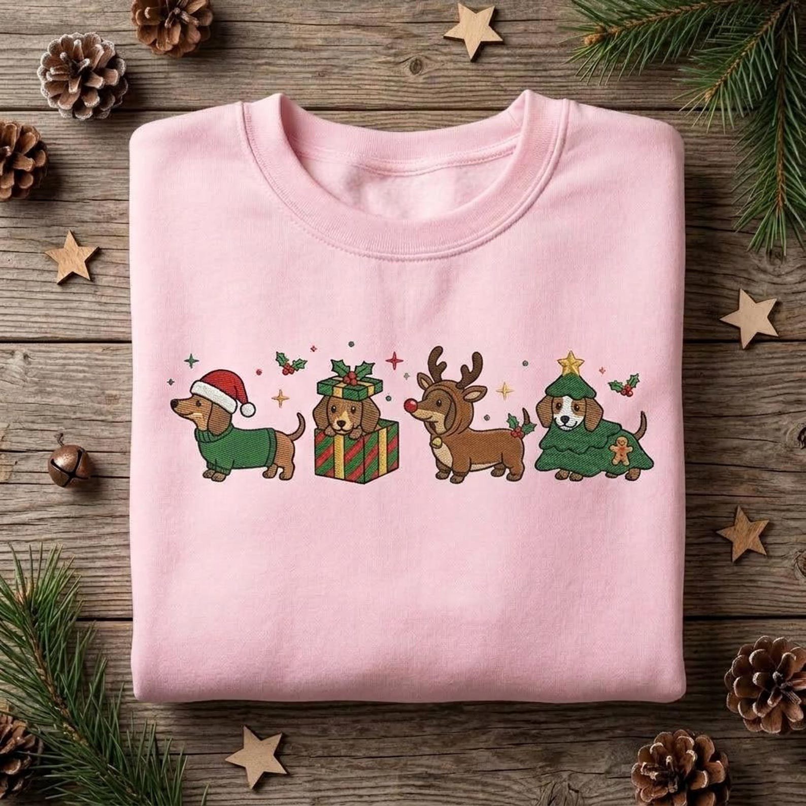 Wiener Dog Christmas Embroidered Sweatshirt, Dachshund Holiday Shirt, Cute Festive Dog Crewneck, Sausage Dog Lover Gift 5