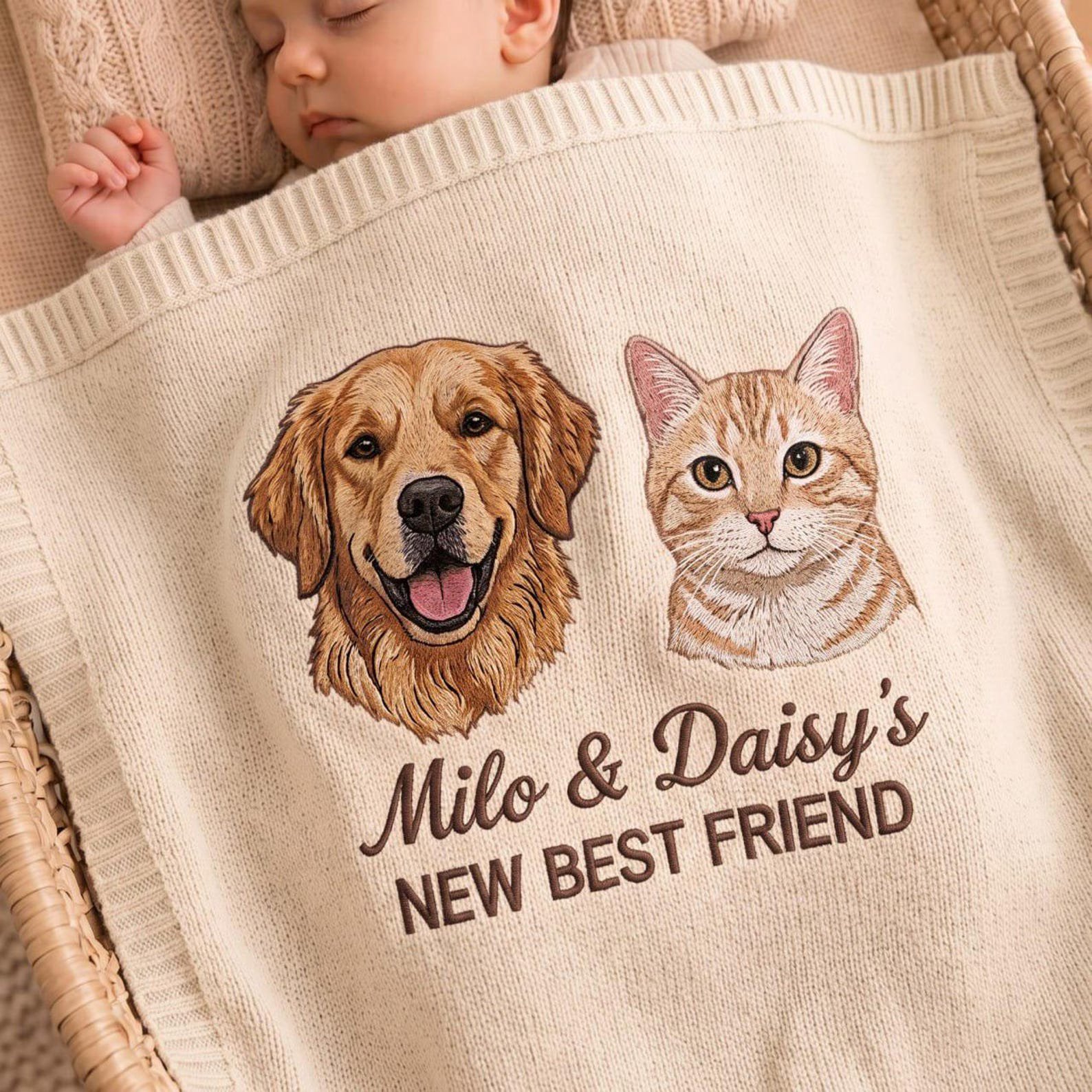 Embroidered Custom Pet Baby Blanket, Custom Dog Portrait Newborn Blanket, Baby and Fur Sibling Gift, Pet Name Nursery Keepsake 1